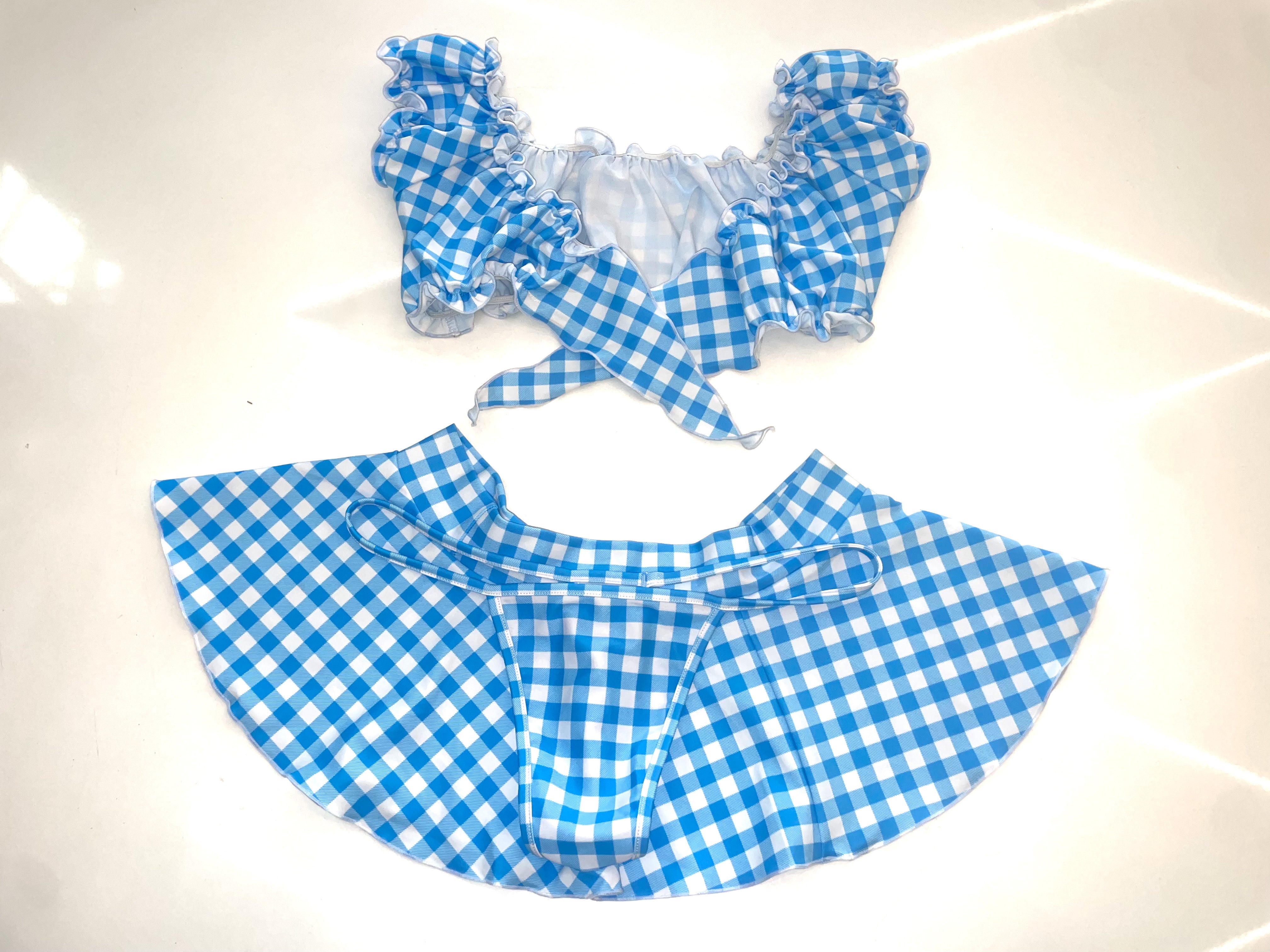 blue gingham skirt set