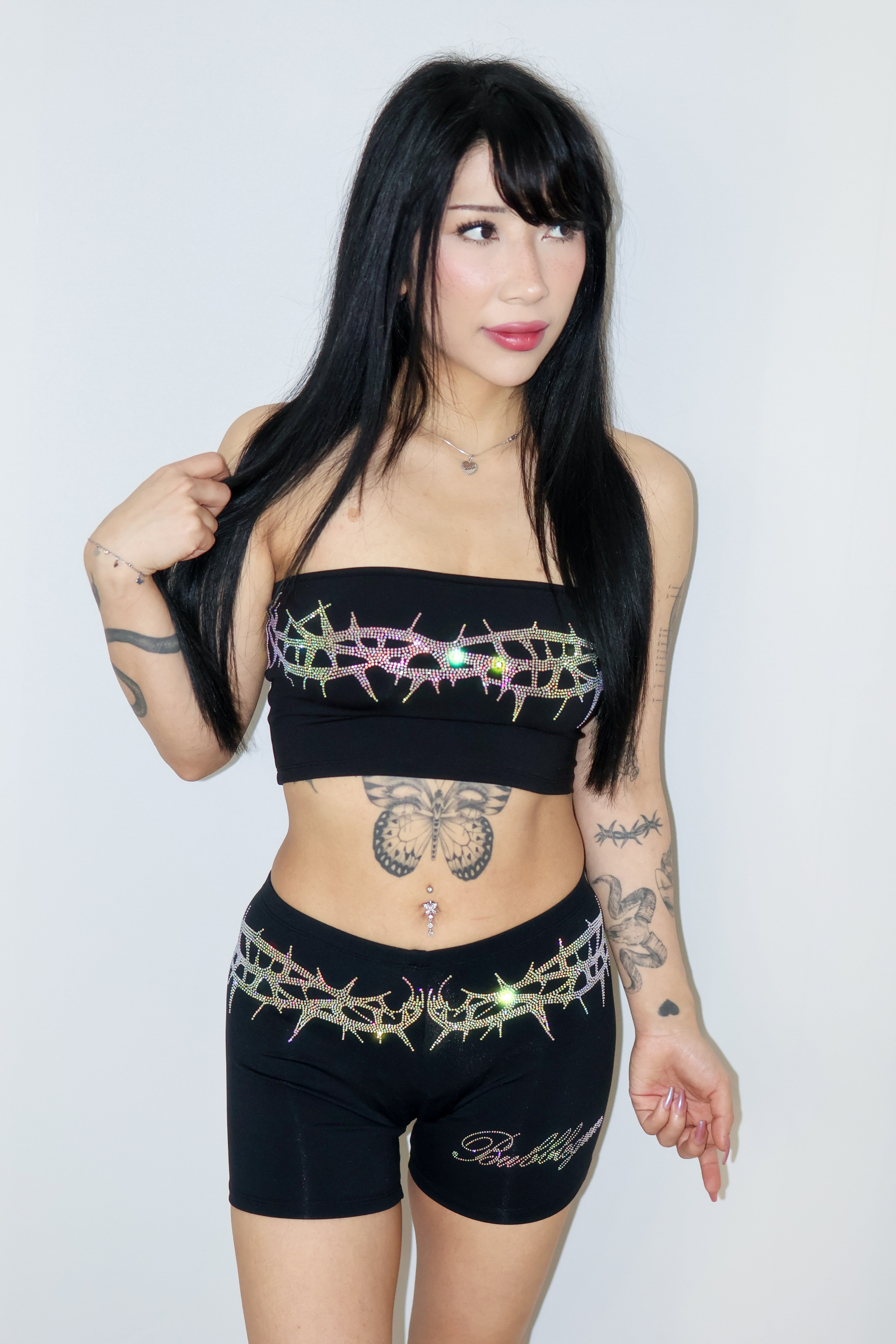 Crown of thorns rhinestone micro biker shorts streetwear