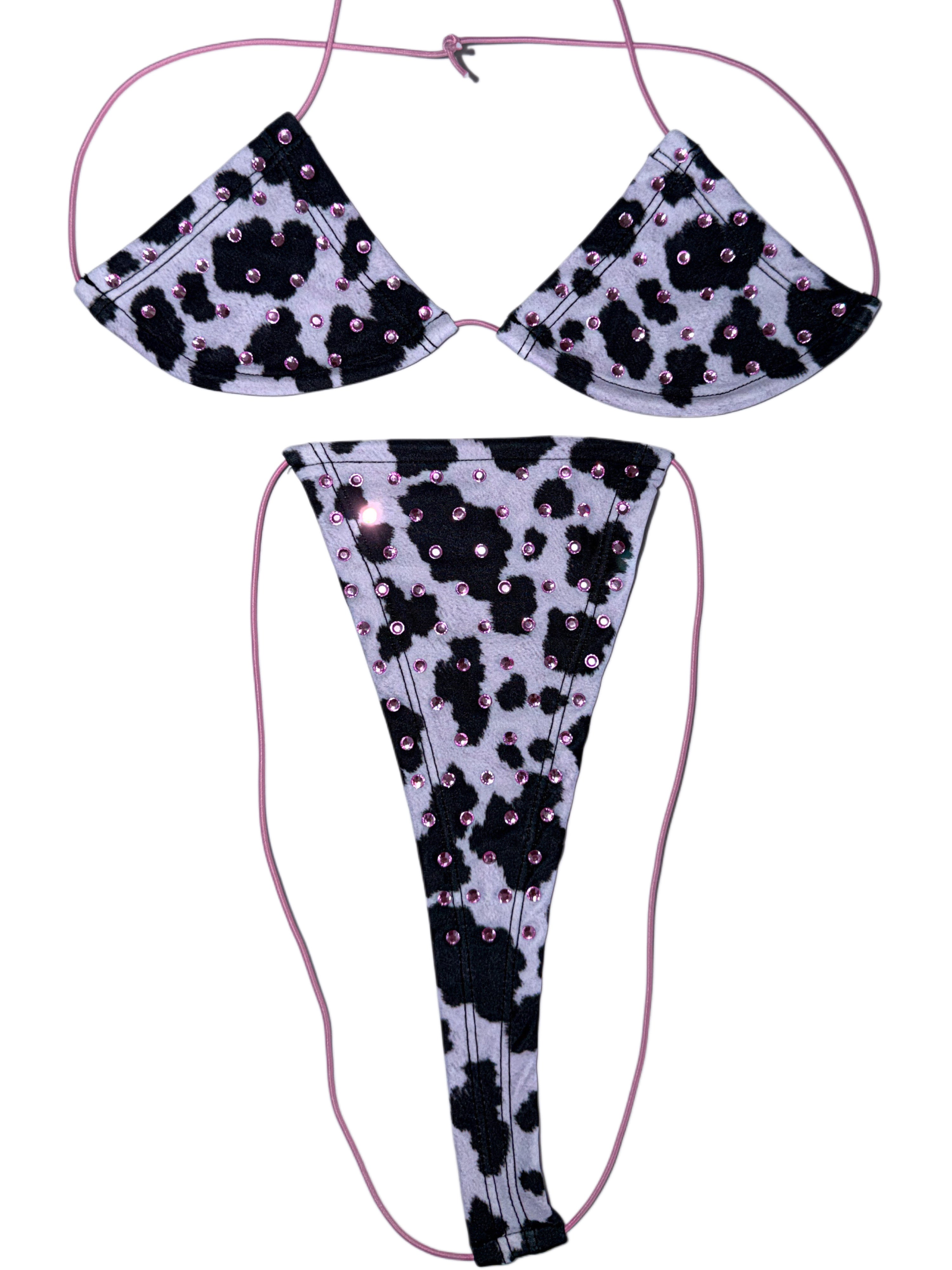 Cowhide rhinestone pink string microkini