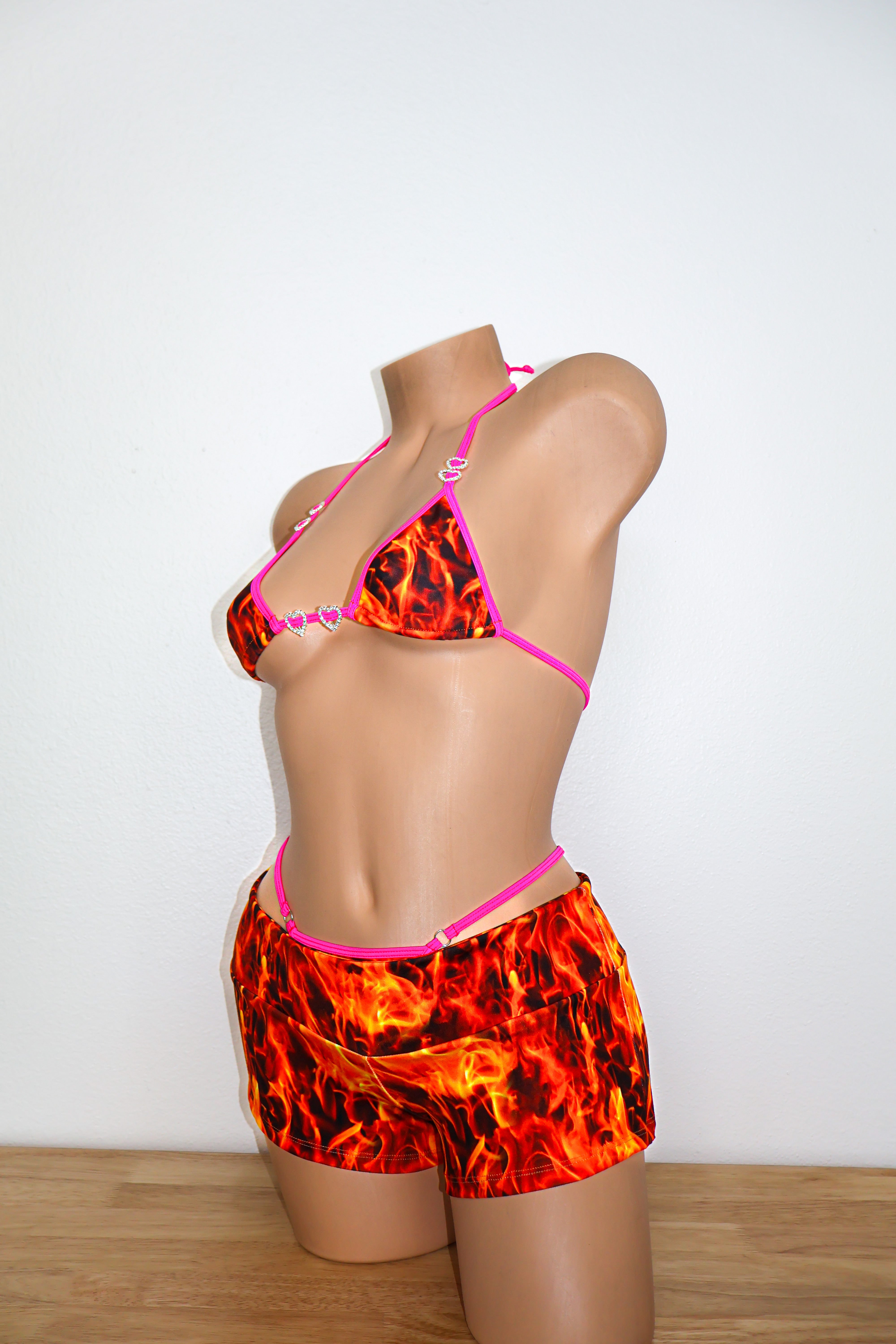 Flames low rise shorts bikini set rhinestone hearts