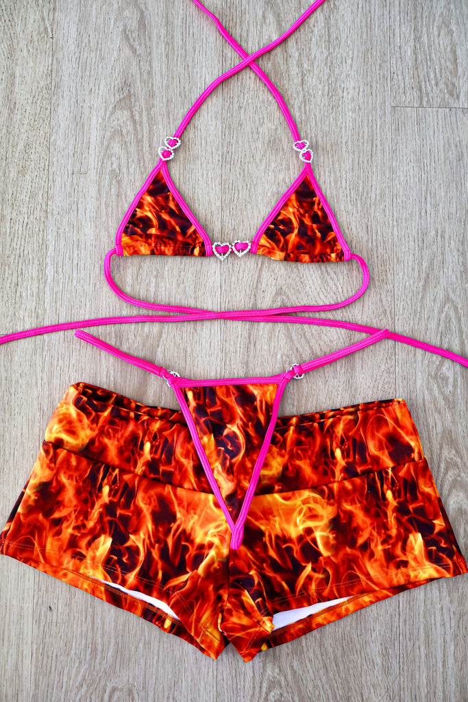 Flames low rise short set rhinestone hearts