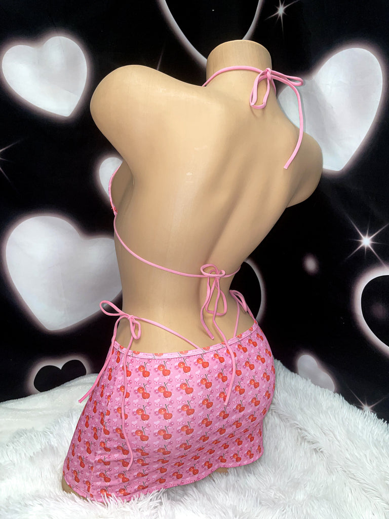 Y2K cherry semi microkini miniskirt set