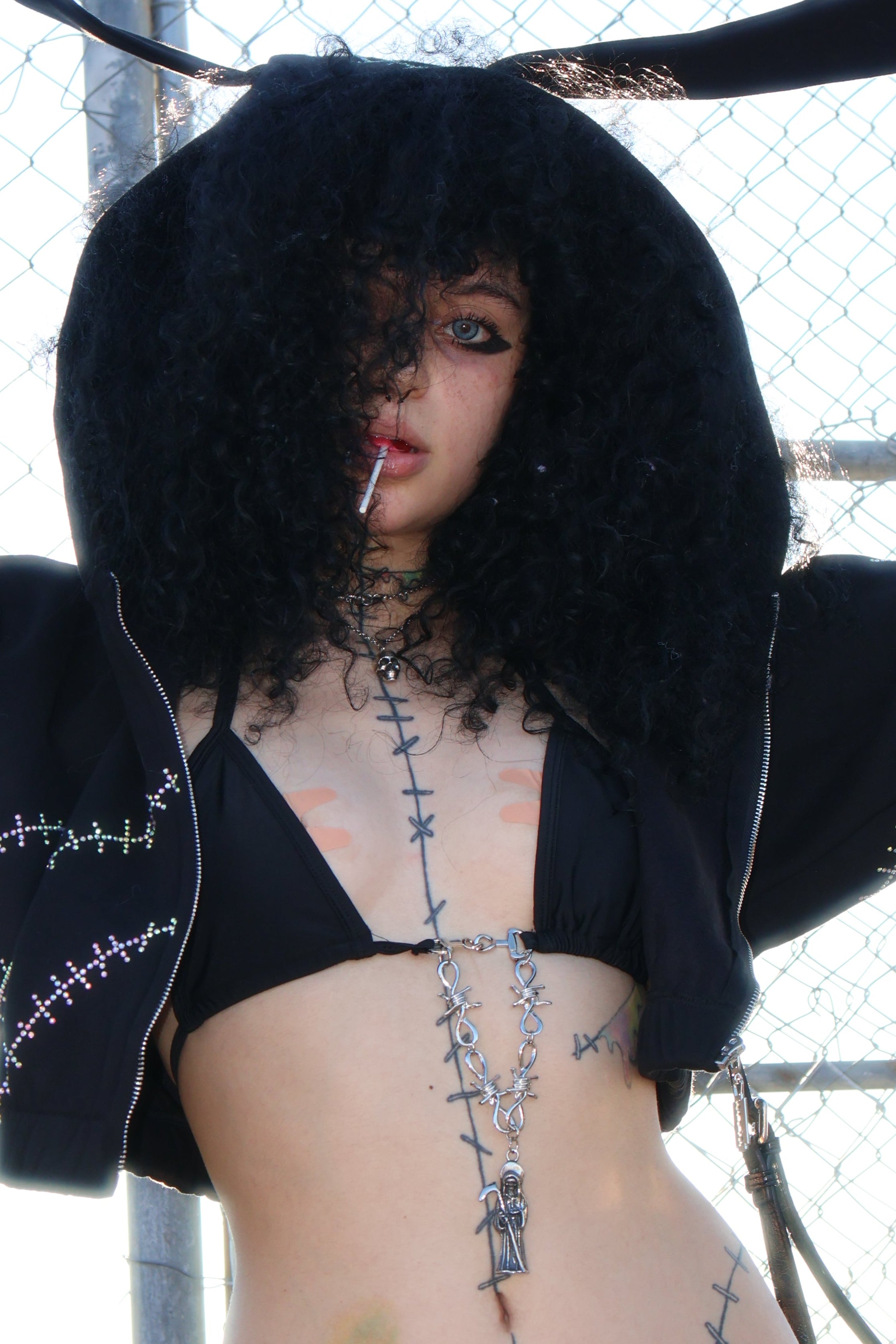 Rhinestone stitches bunny ears crop hoodie