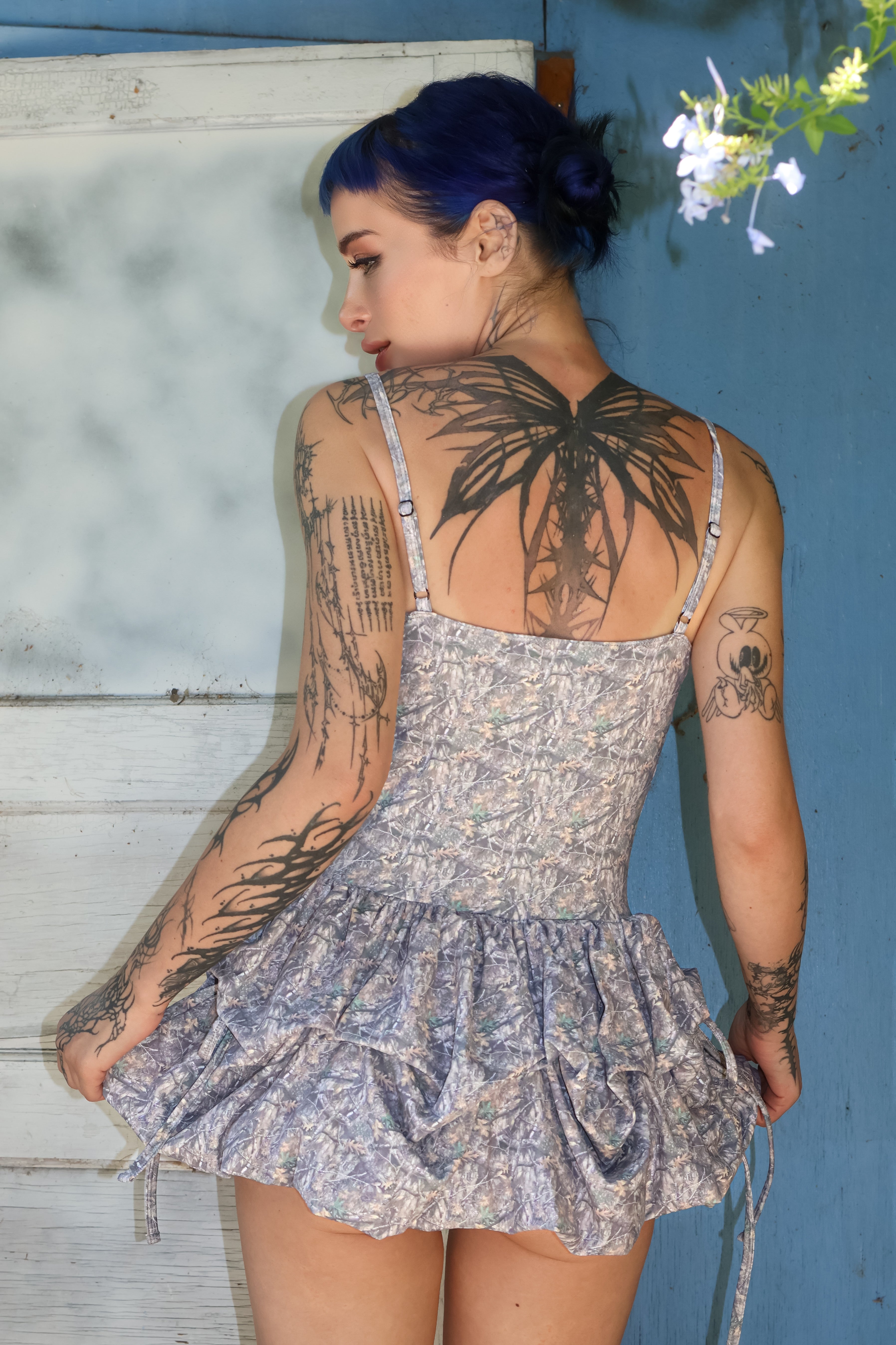 Faded tree camo ruffle babydoll mini dress