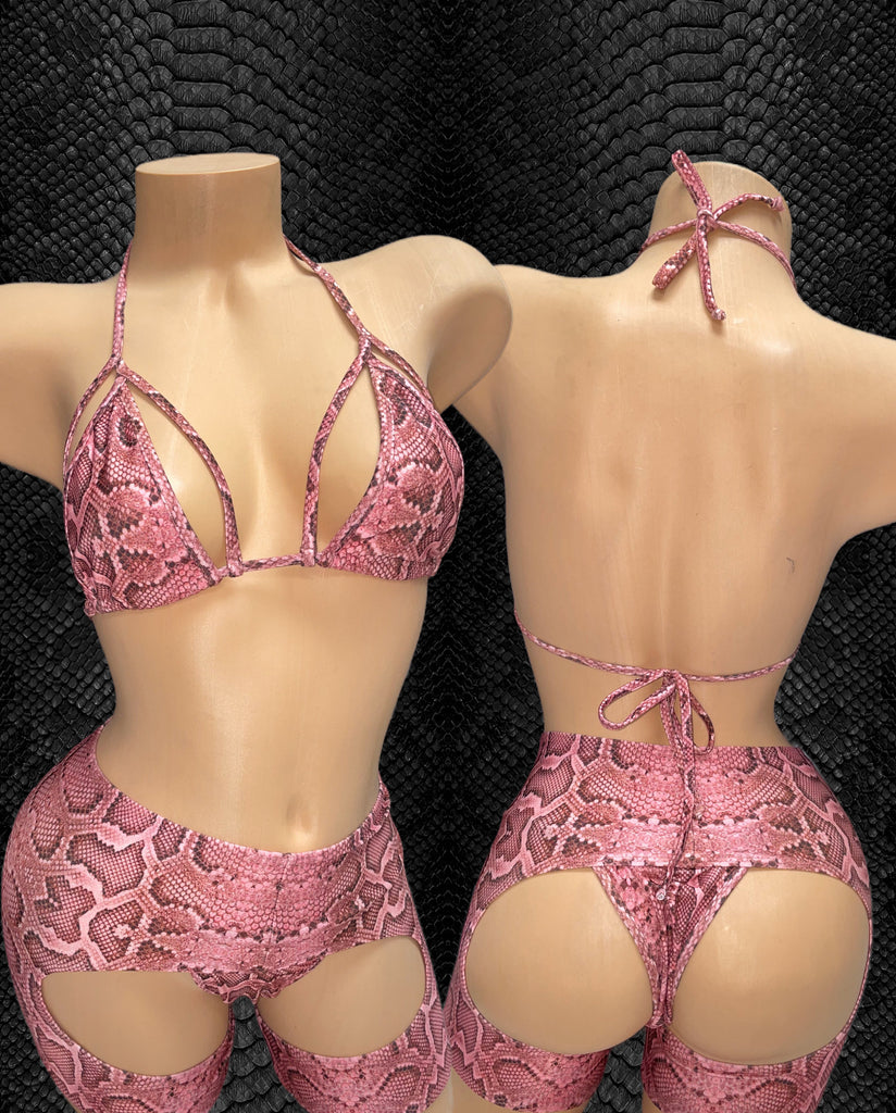 Pink snakeskin chaps bikini set