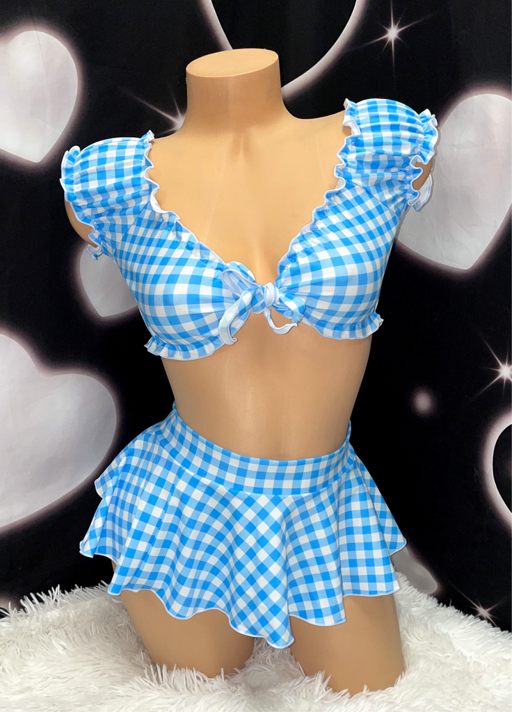 blue gingham skirt set