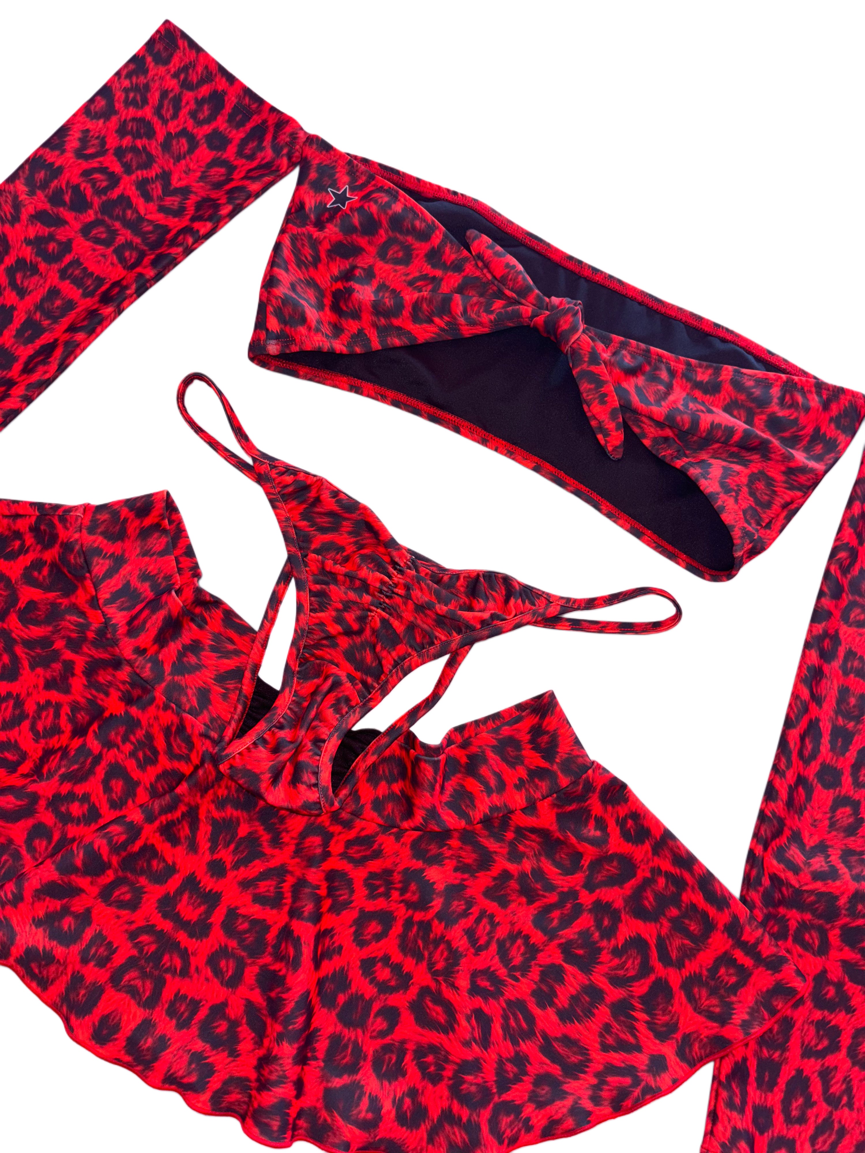 Red leopard bow sleeves skirt set