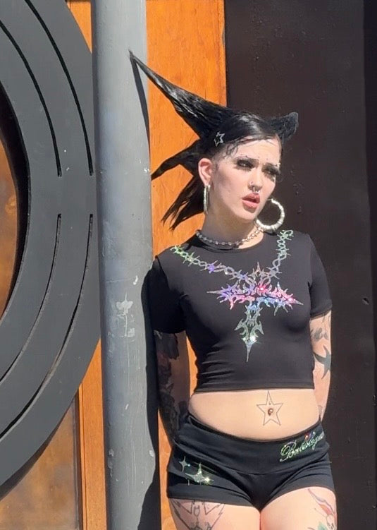 Barbed wire cross rhinestone crop top