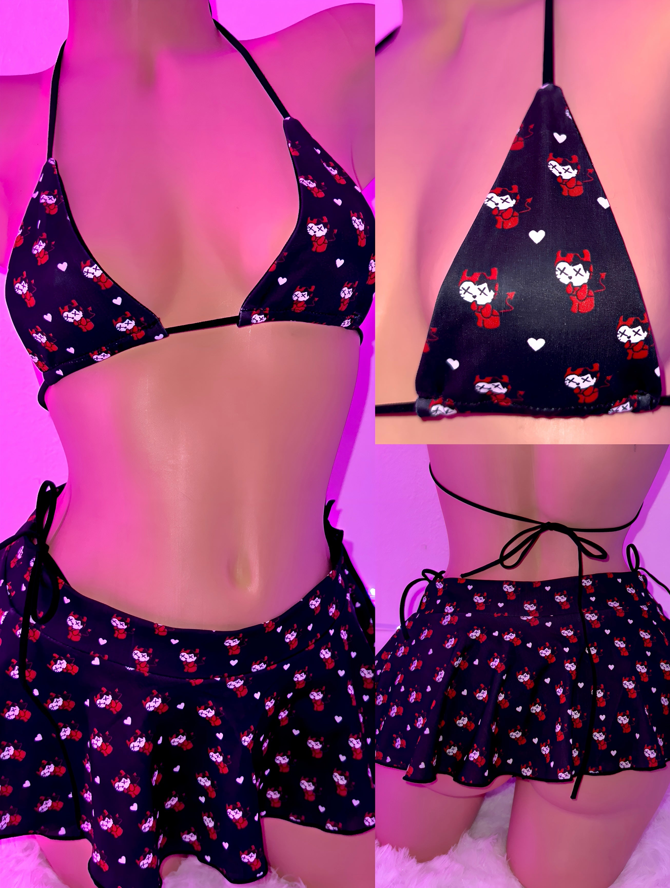 Devil Kitty Skirt Set Black - Bold black skirt and top set with devil-inspired design, perfect for edgy, festival, or stripper-inspired fashion by Bubblegum The Brand