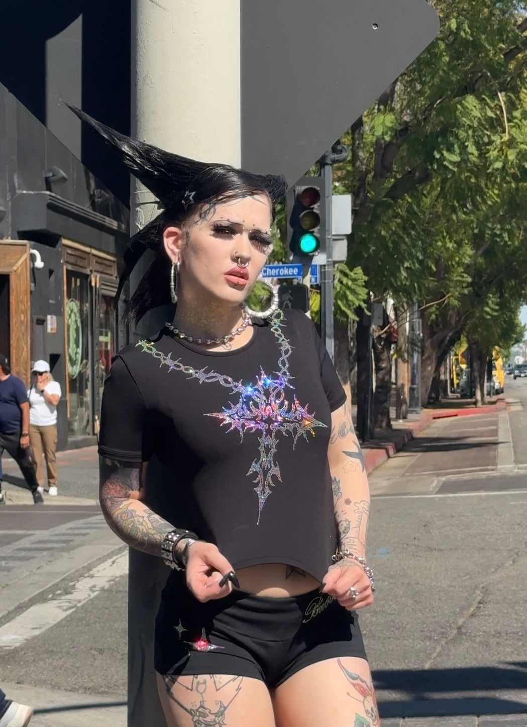 Barbed wire cross rhinestone crop top