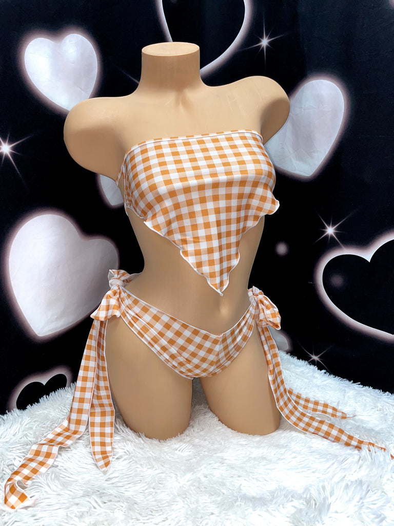 Chocolate gingham ruffle bikini set - Bikinis, Monokinis, skirt sets, and apparel inspired by strippers - Bubblegum The Brand
