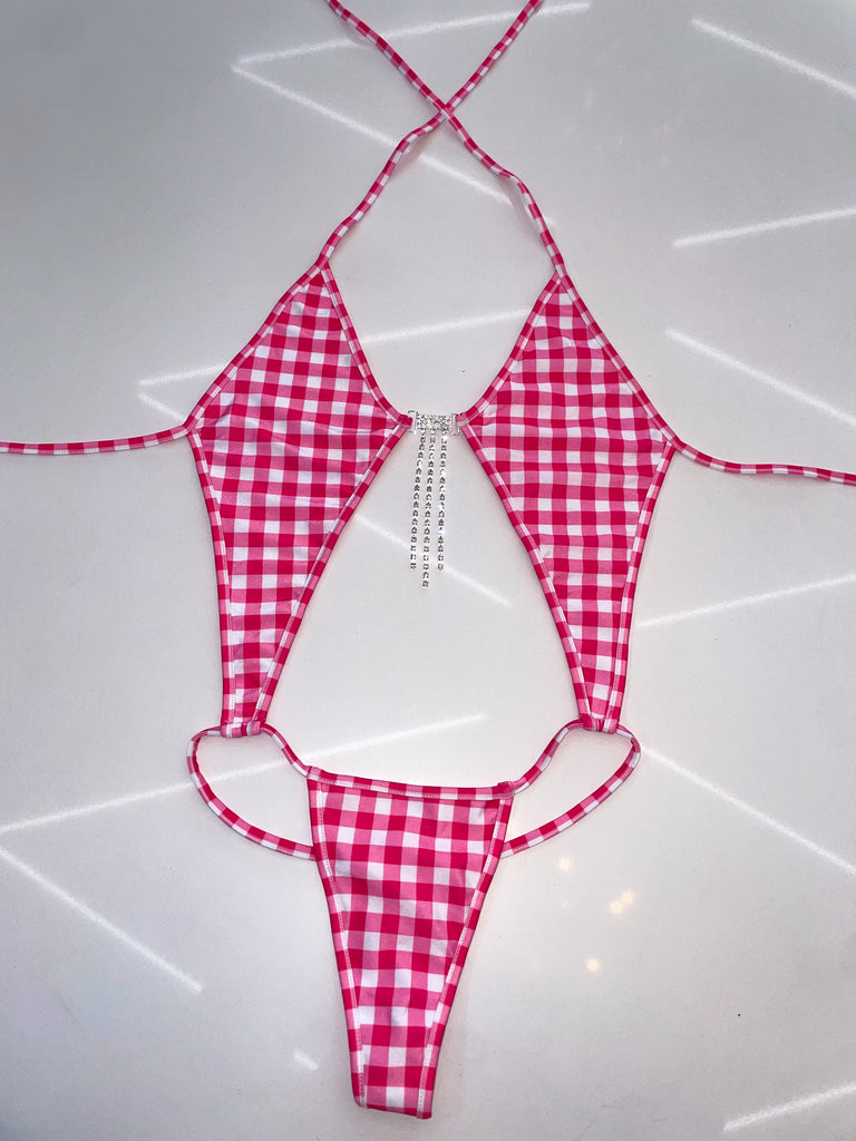 Raspberry gingham diamond sparkle one piece - Bikinis, Monokinis, skirt sets, and apparel inspired by strippers - Bubblegum The Brand