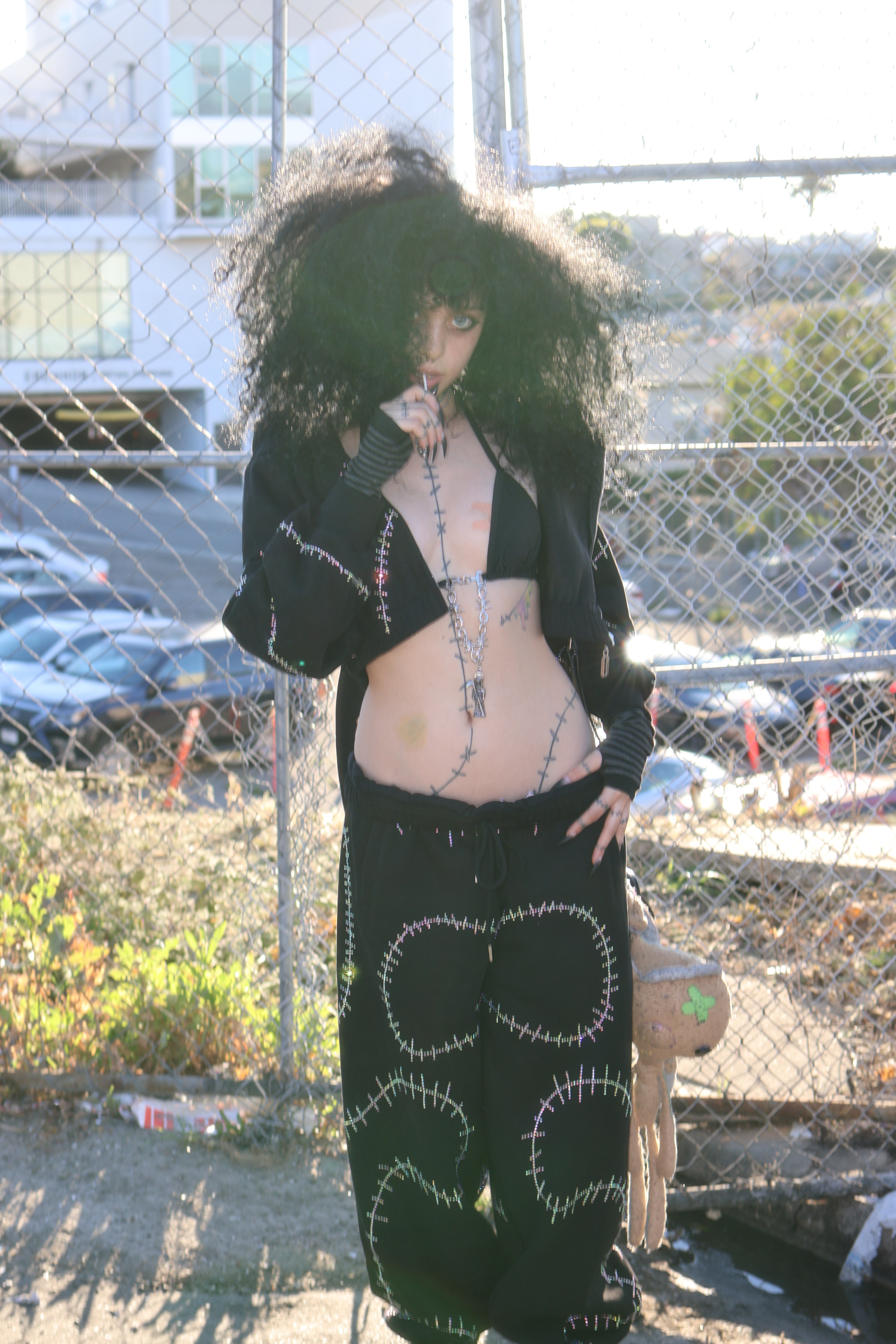 Rhinestone stitches bunny ears crop hoodie