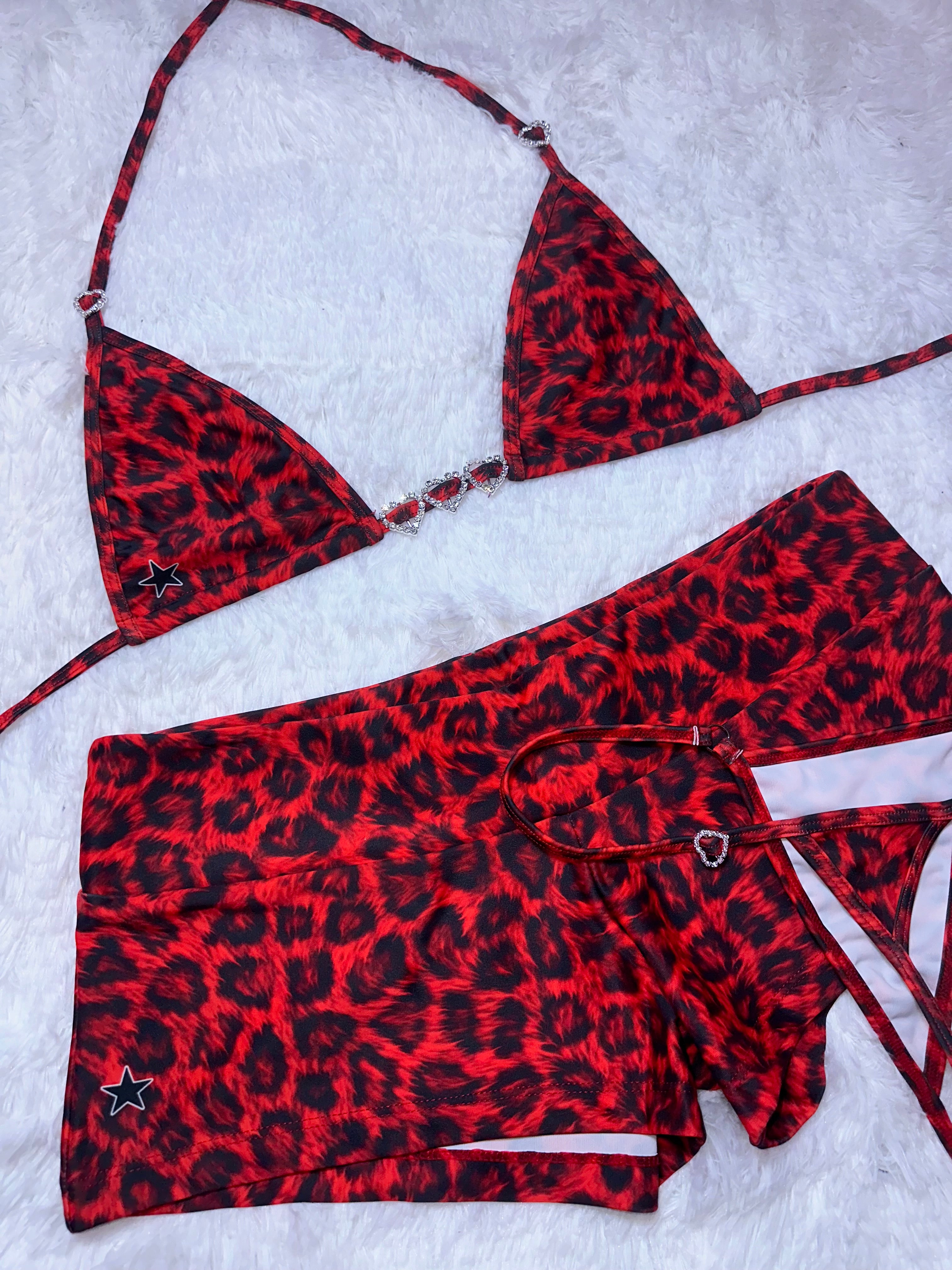 Red leopard low rise shorts bikini set rhinestone hearts