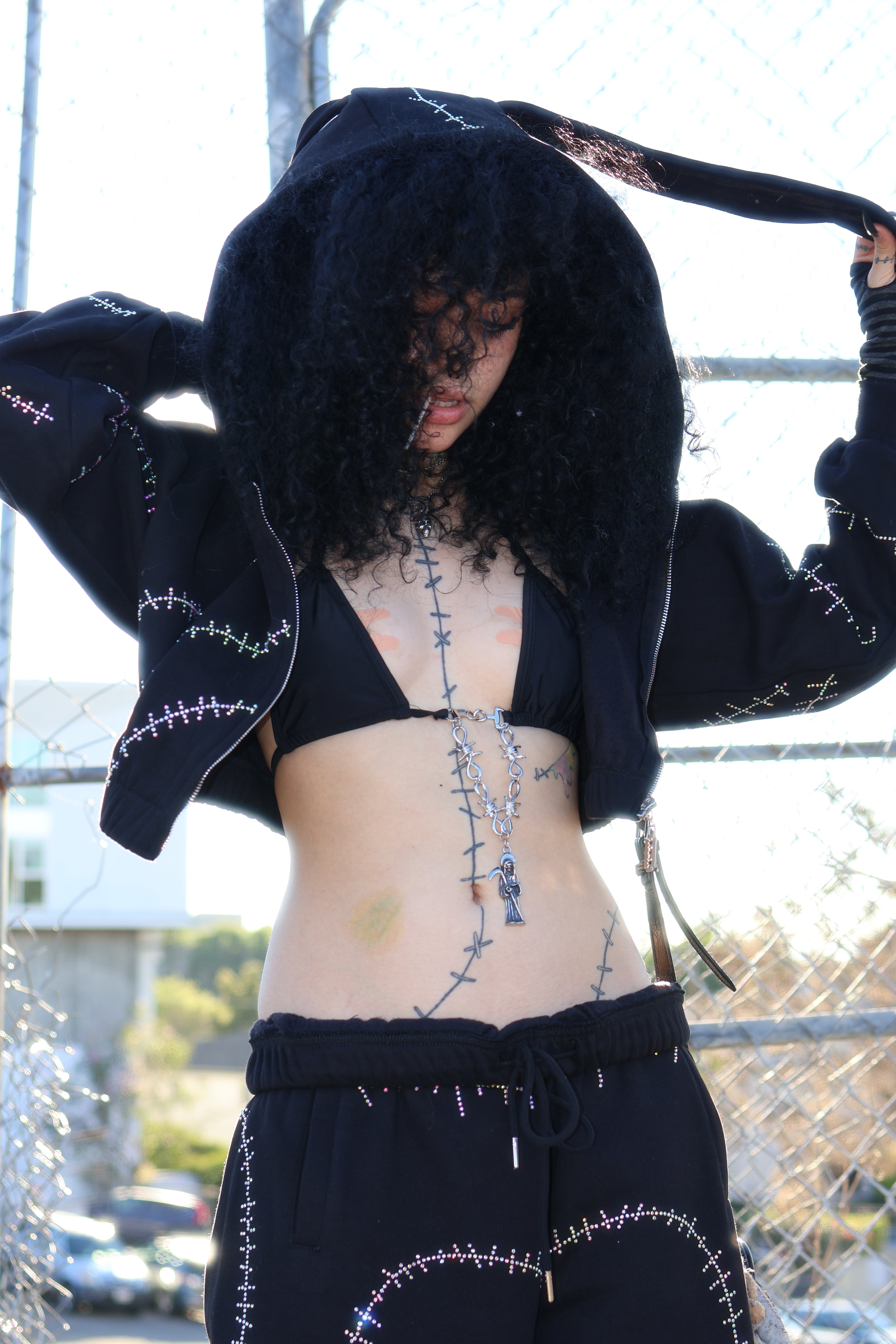 Rhinestone stitches bunny ears crop hoodie