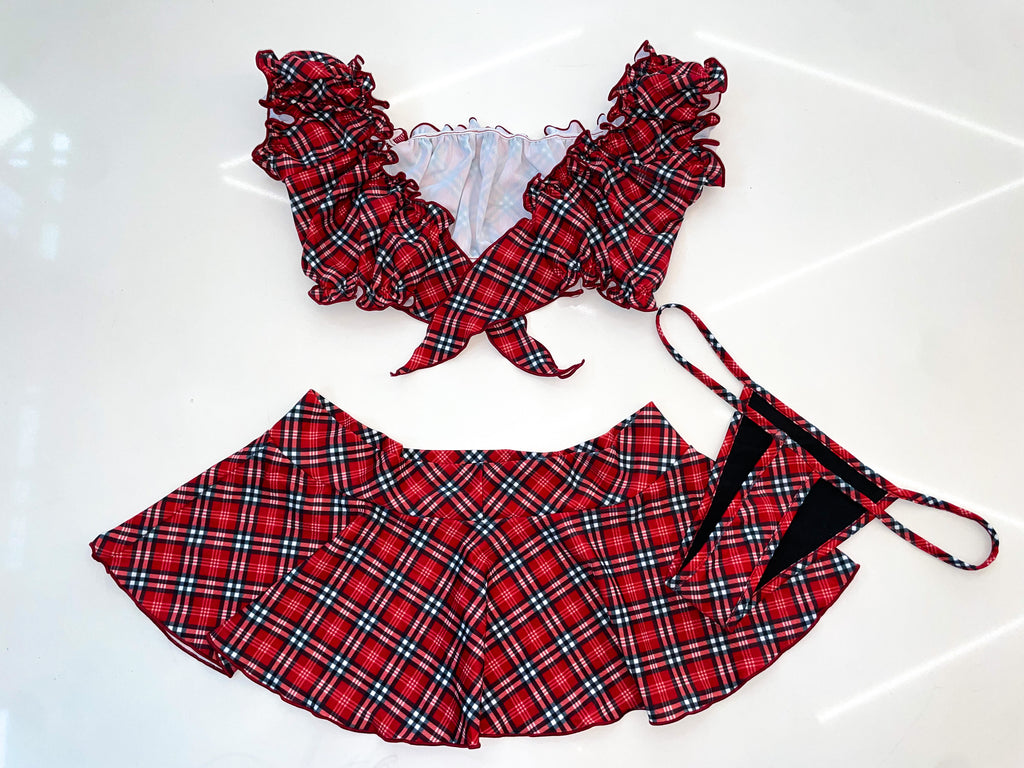 Red plaid ruffle skirt set