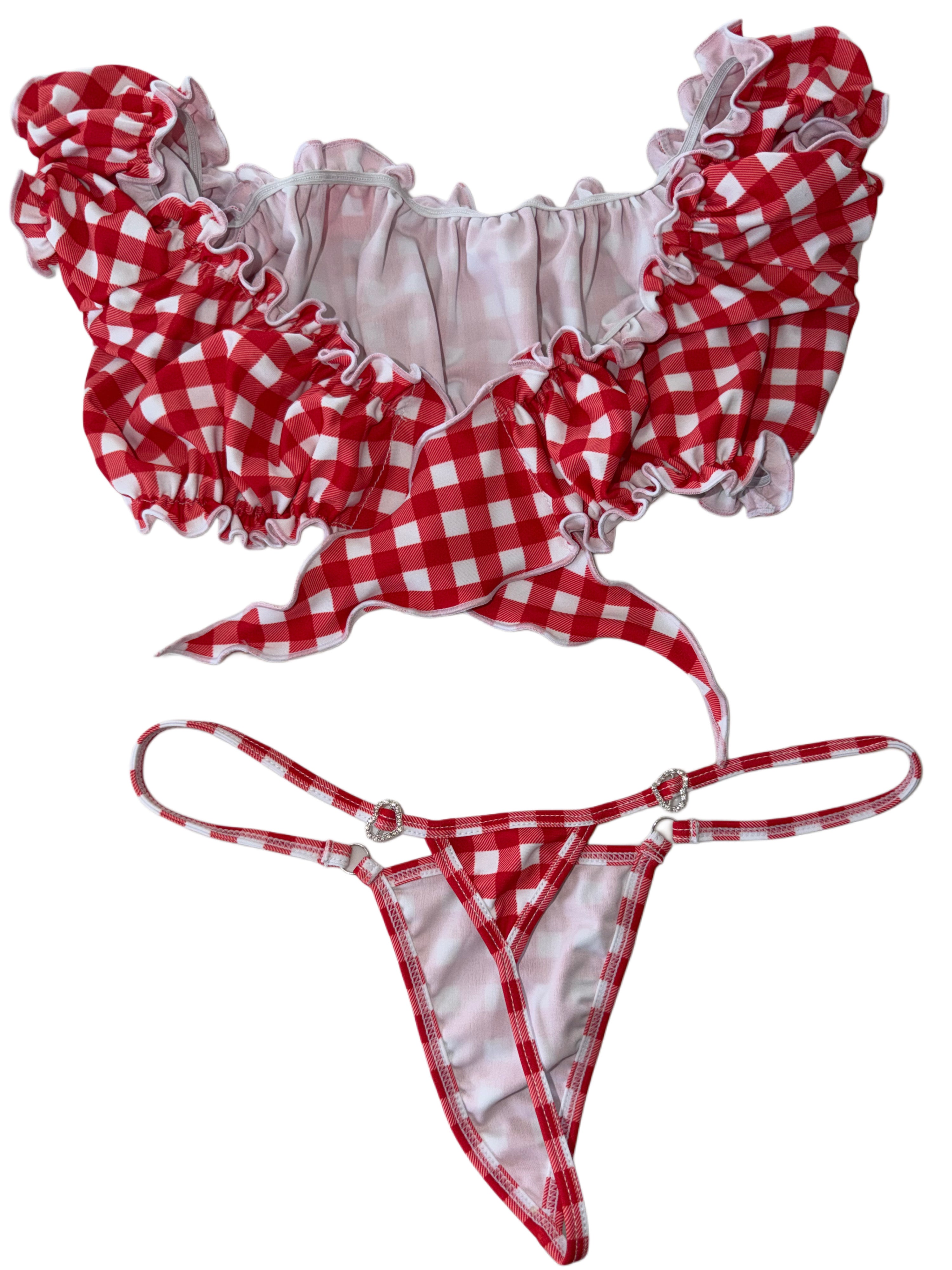 Red gingham low rise leggings ruffle top set