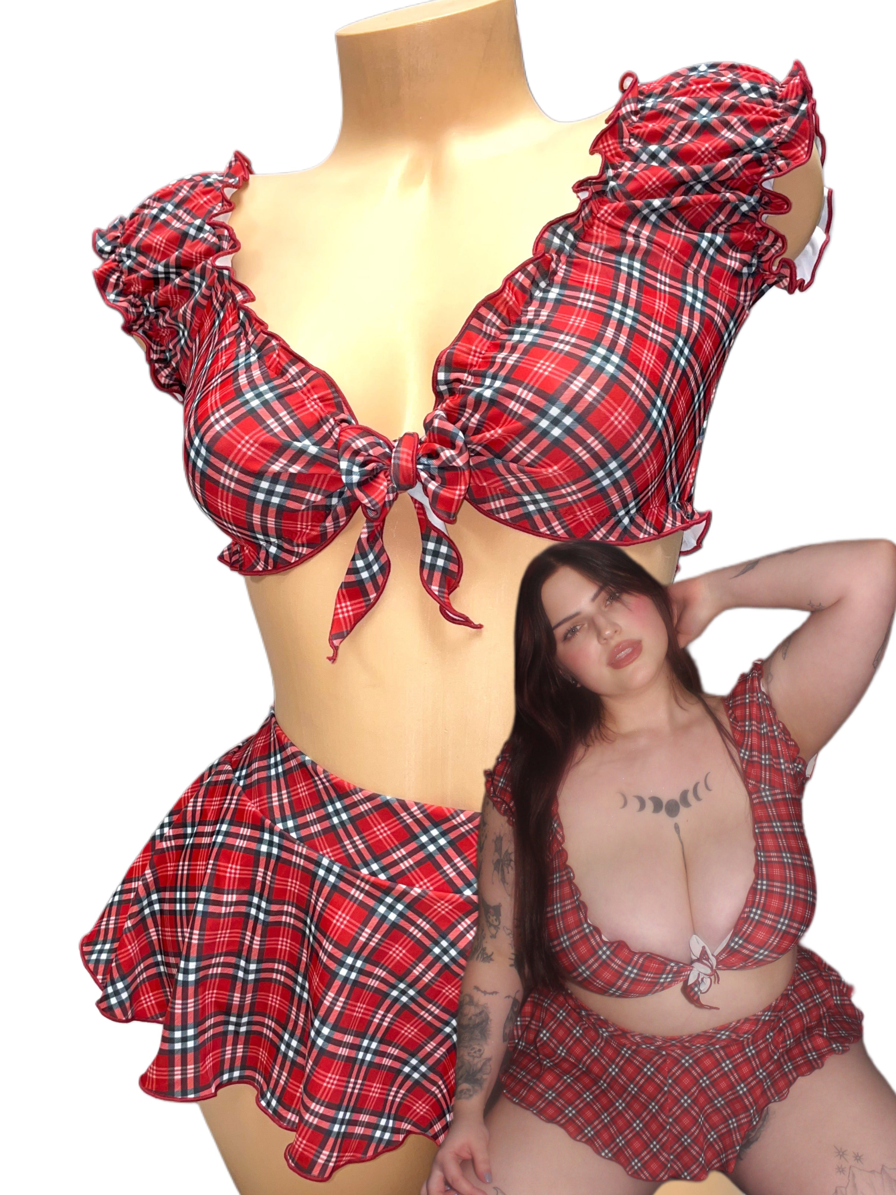 Red plaid ruffle skirt set