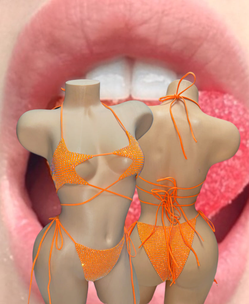 Iced out orange rhinestone star bikini