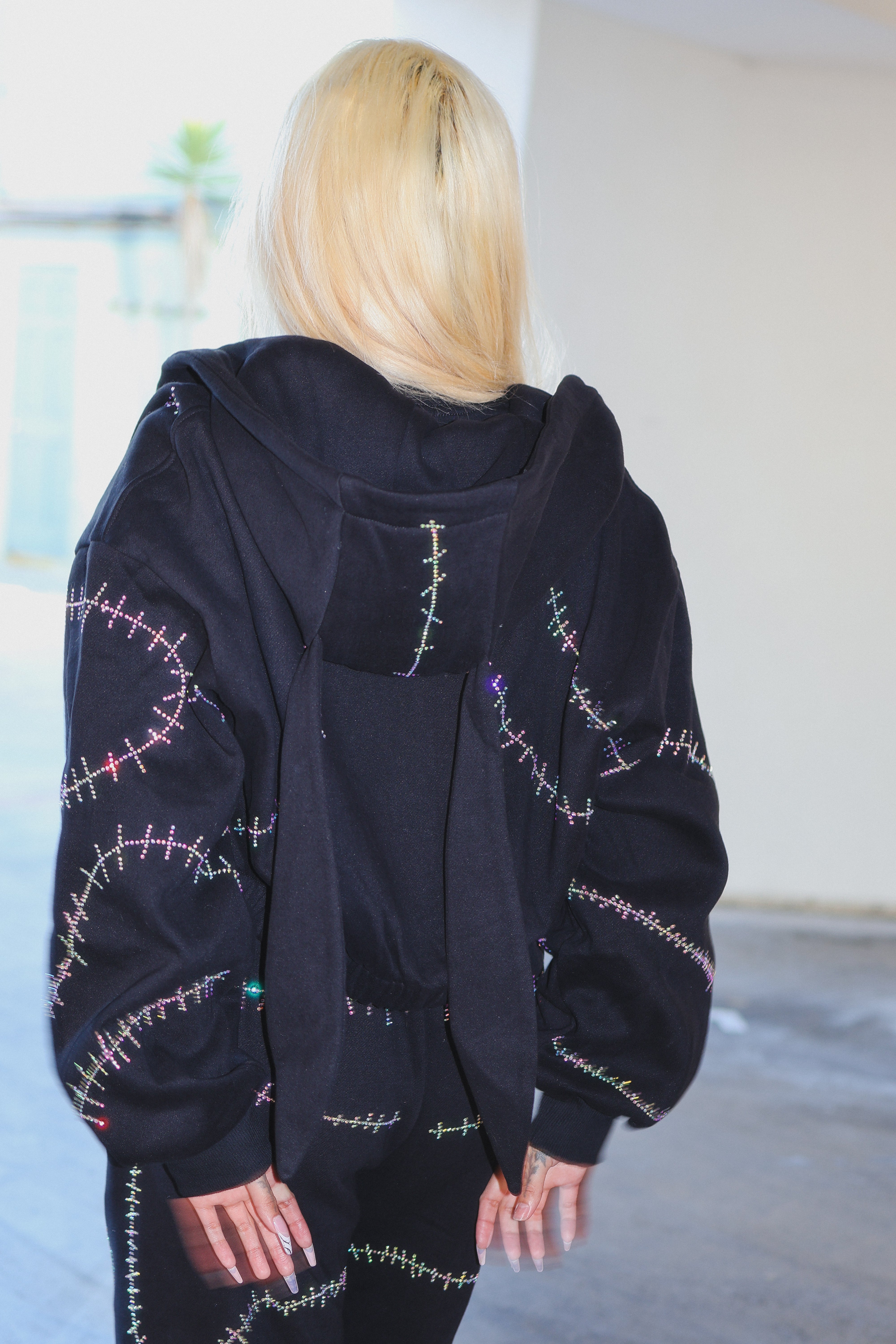 Rhinestone stitches bunny ears crop hoodie