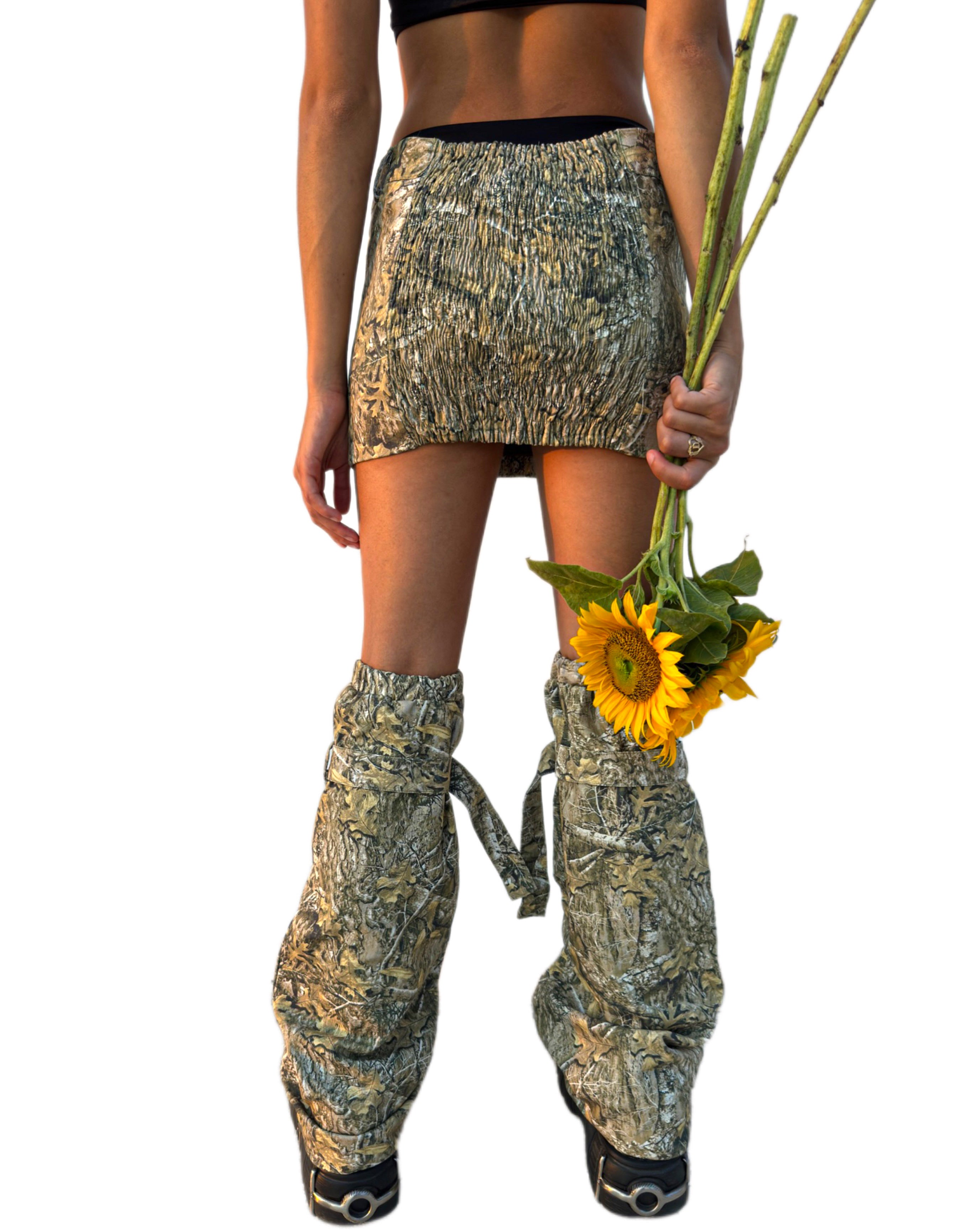 Im So Lost Tree Camo Skirt and Leg Warmers Streetwear Set - Trendy streetwear set featuring a tree camo print skirt and matching leg warmers, perfect for a bold, fashion-forward look