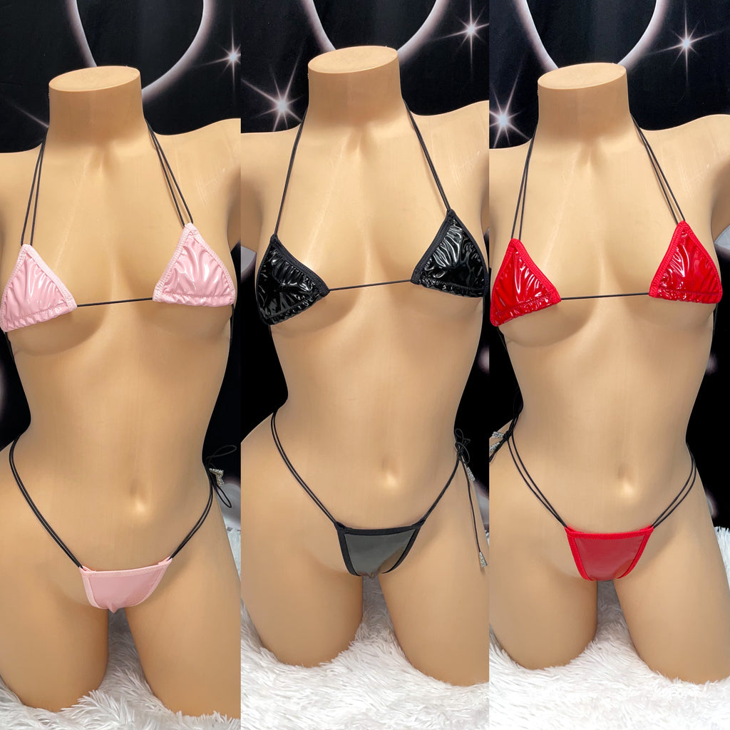 Latex look side tie string microkini - Bikinis, Monokinis, skirt sets, and apparel inspired by strippers - Bubblegum The Brand