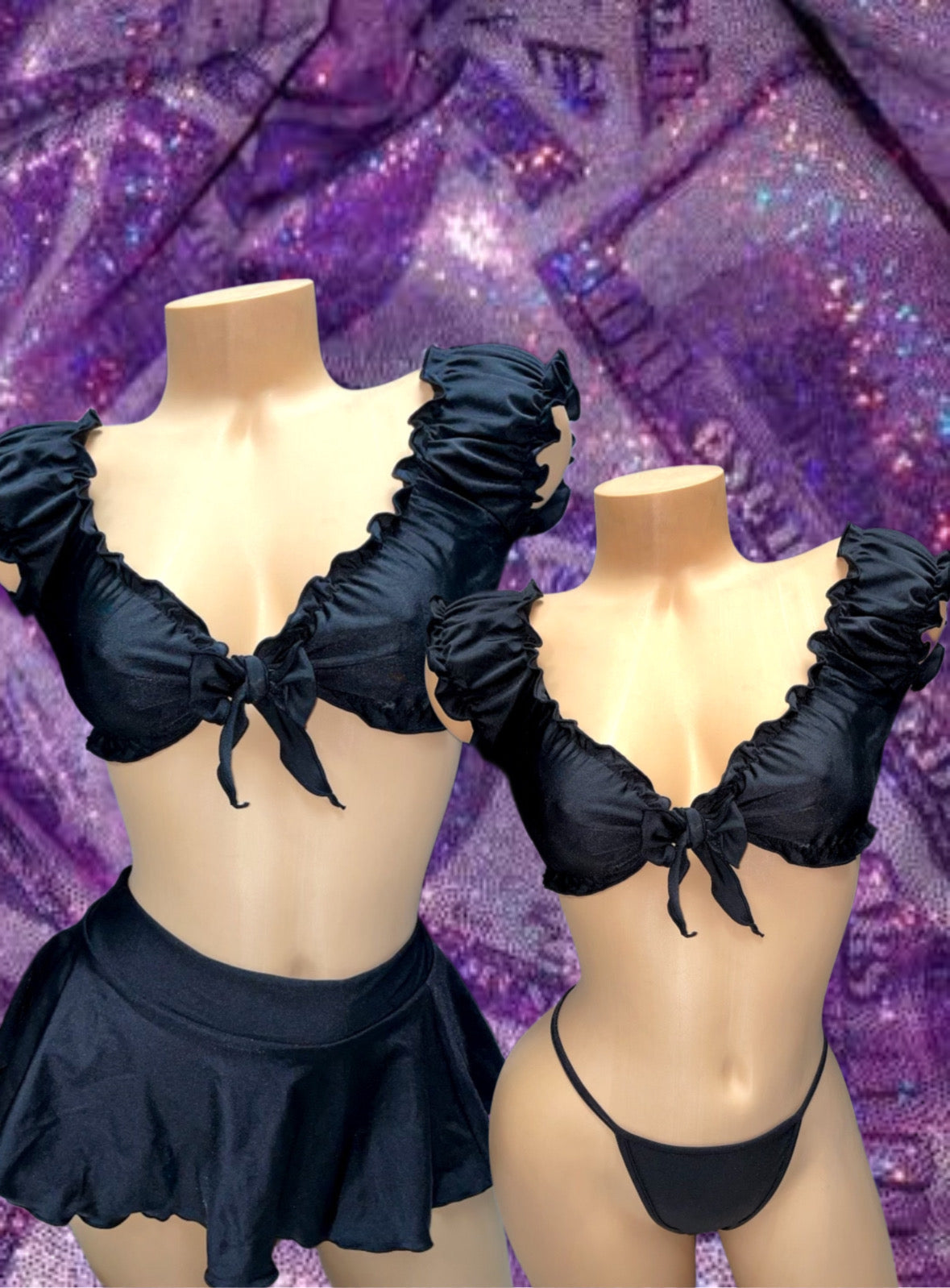 Black Ruffle Skirt Set by Bubblegum The Brand - A stylish bikini set with a ruffled skirt