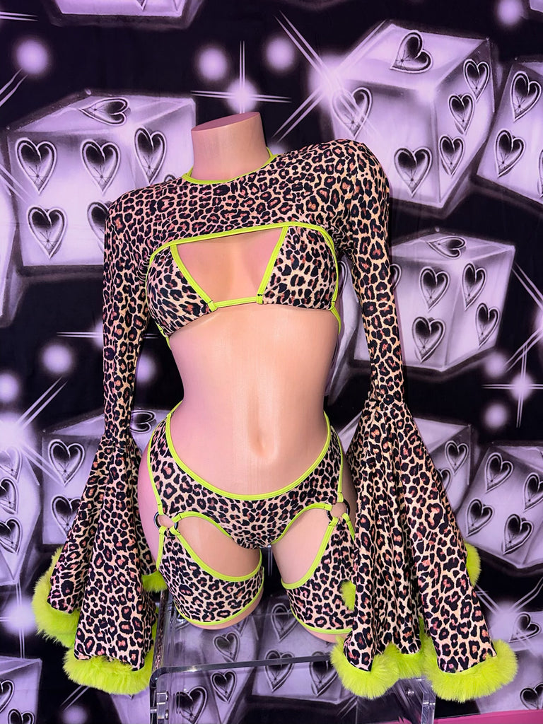 Electric lime leopard bellsleeves bikini set