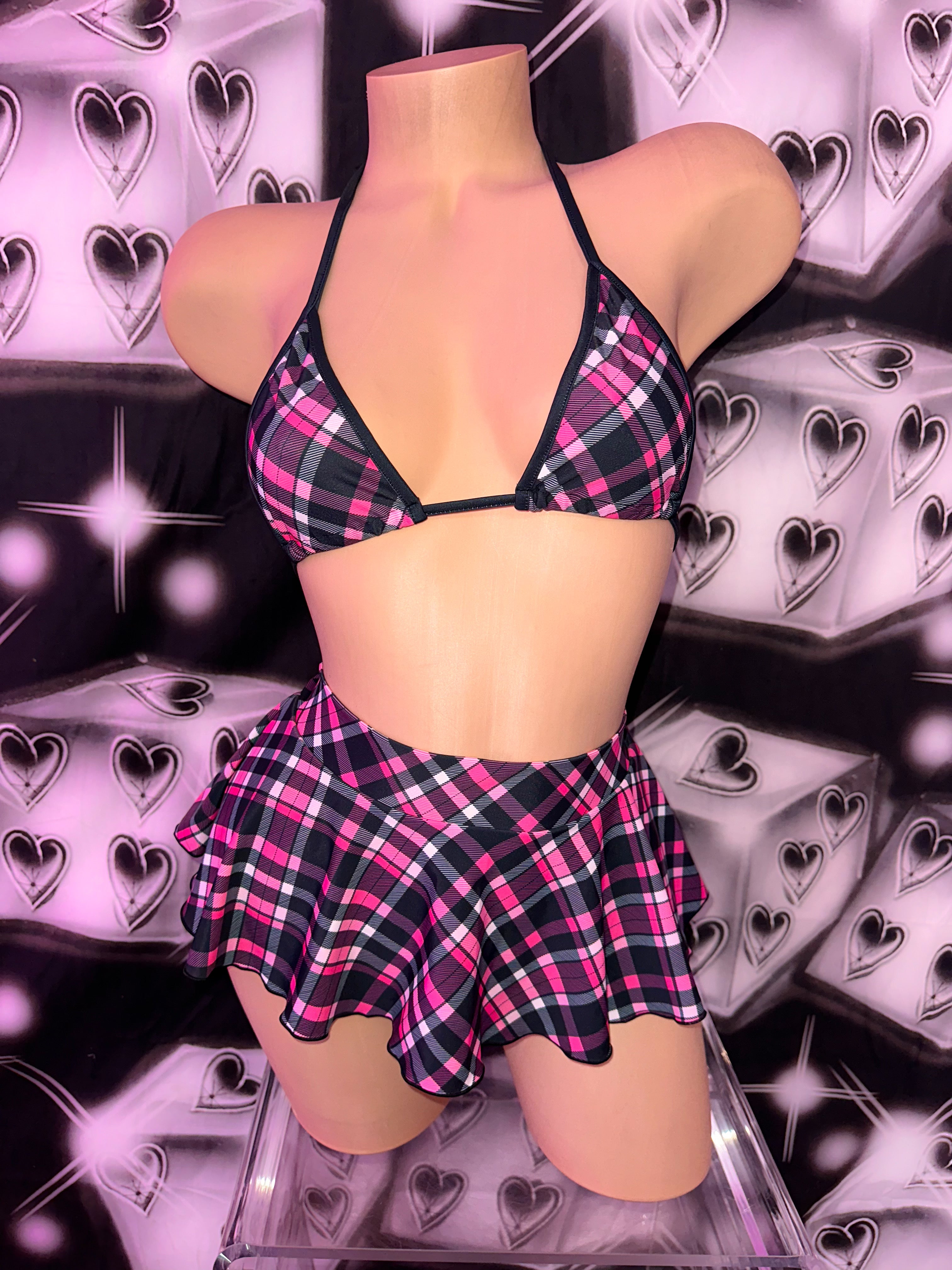 Pink plaid skirt set