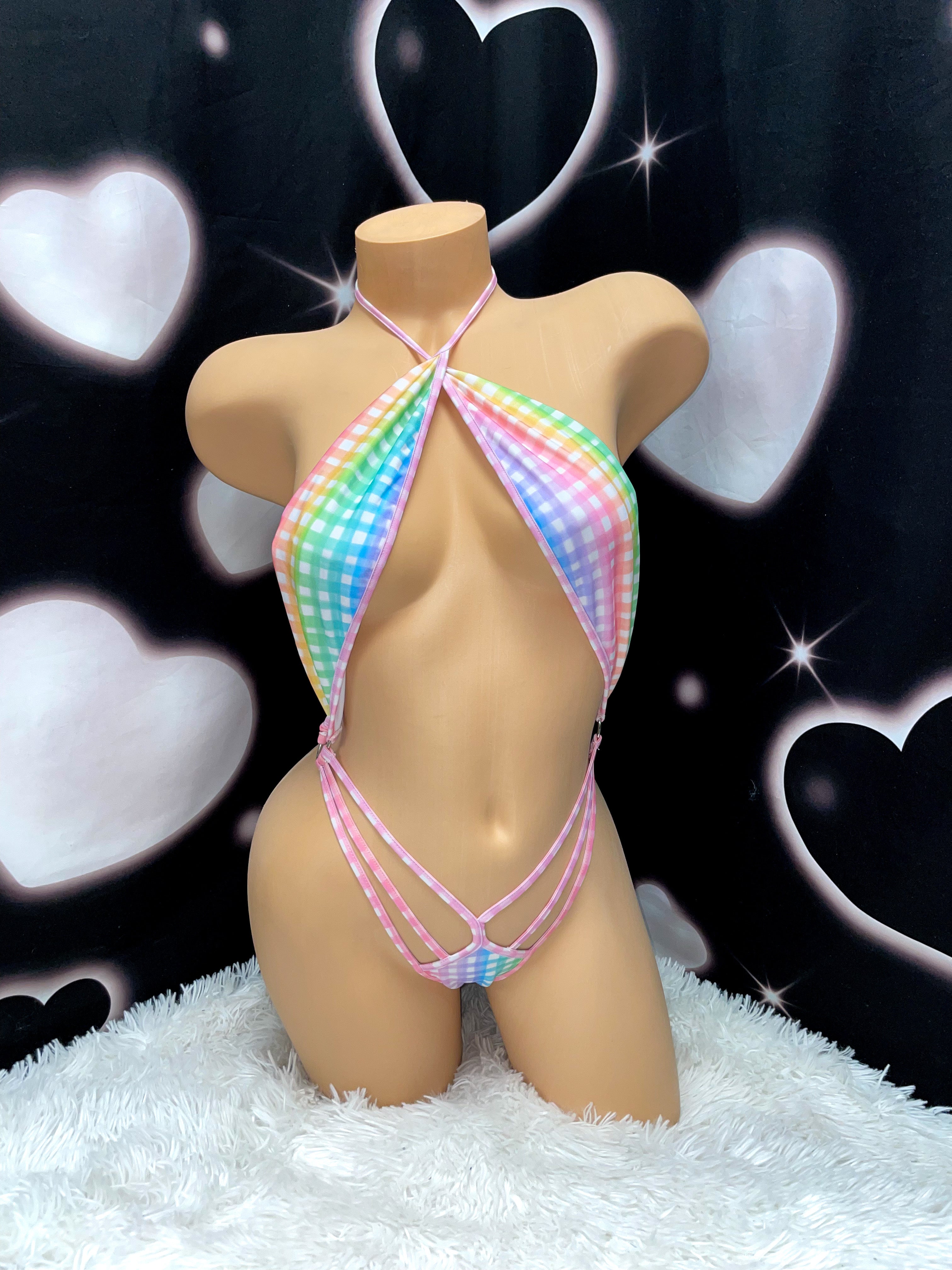 Pastel rainbow gingham slingshot ring one piece - Bikinis, Monokinis, skirt sets, and apparel inspired by strippers - Bubblegum The Brand