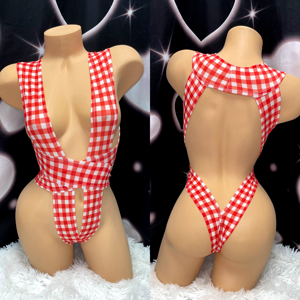 Red gingham wrap one piece - Bikinis, Monokinis, skirt sets, and apparel inspired by strippers - Bubblegum The Brand