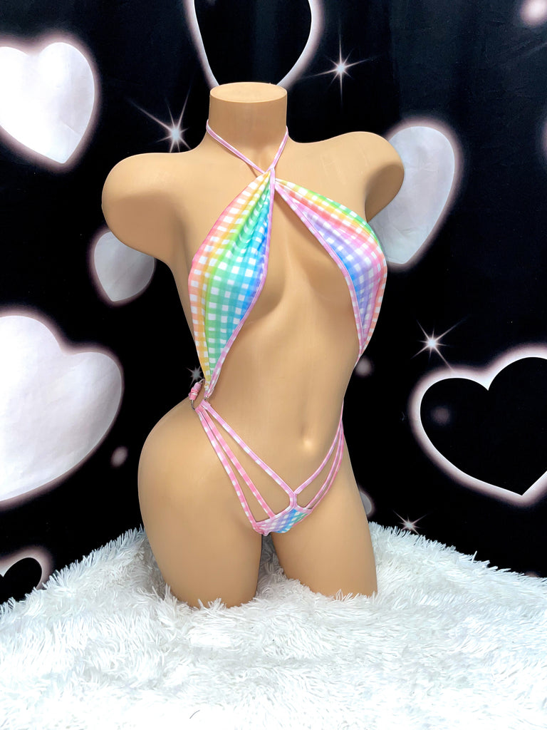 Pastel rainbow gingham slingshot ring one piece - Bikinis, Monokinis, skirt sets, and apparel inspired by strippers - Bubblegum The Brand