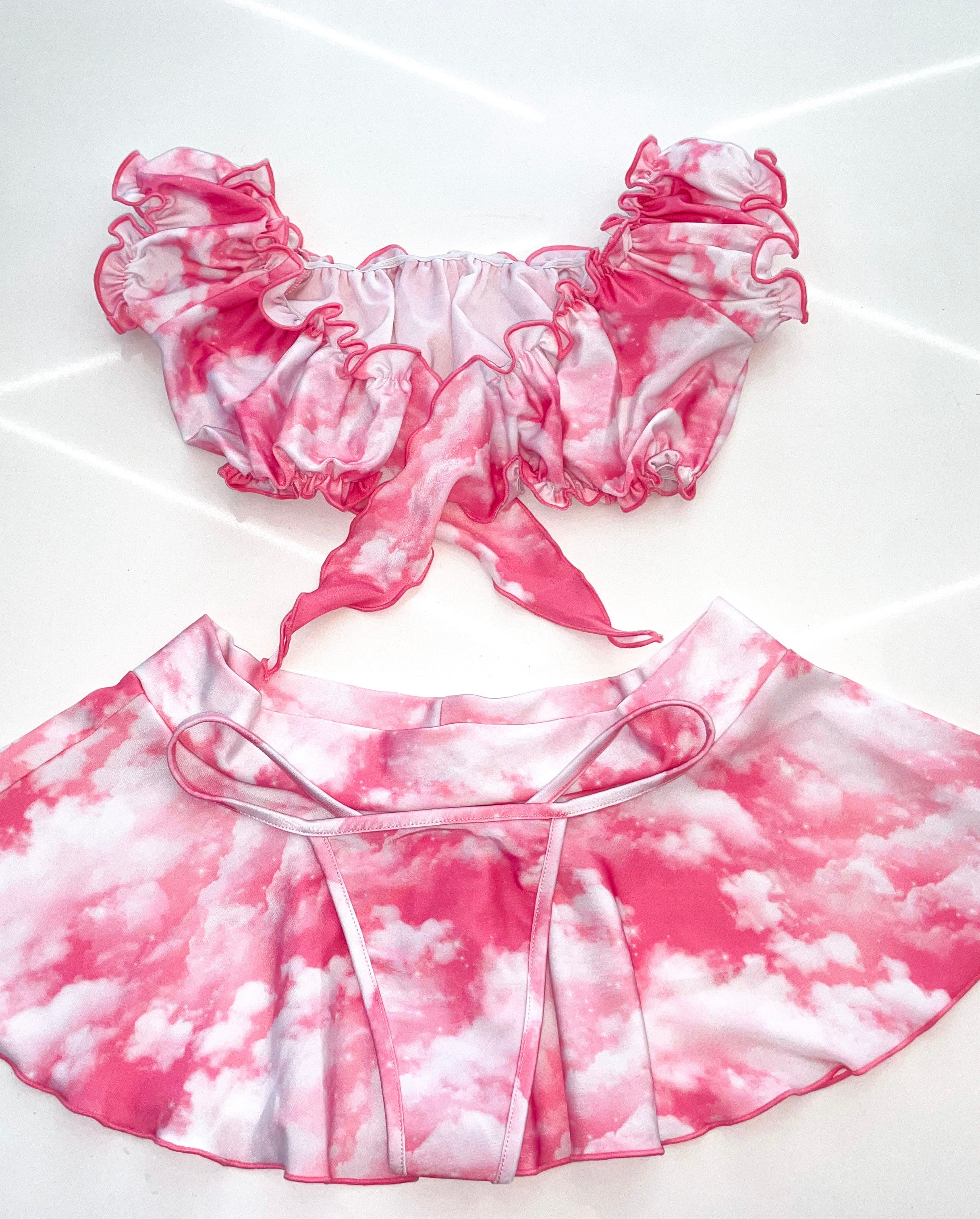 Pink clouds ruffle skirt set - Bikinis, Monokinis, skirt sets, and apparel inspired by strippers - Bubblegum The Brand