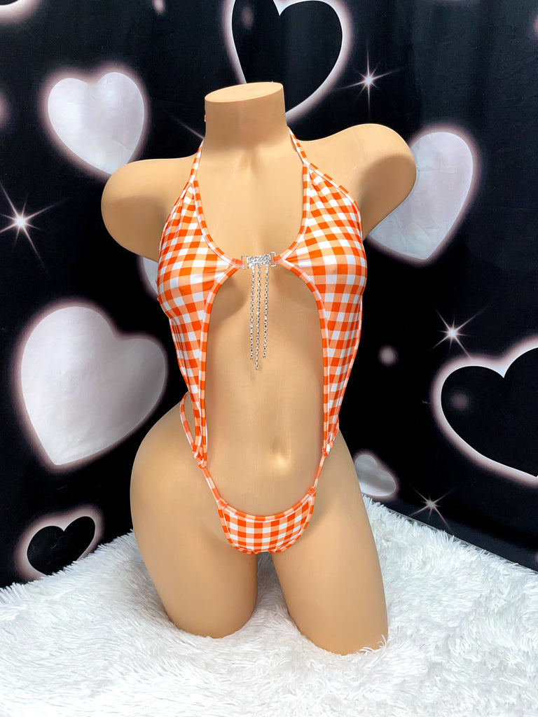 Orange gingham diamond sparkle one piece - Bikinis, Monokinis, skirt sets, and apparel inspired by strippers - Bubblegum The Brand