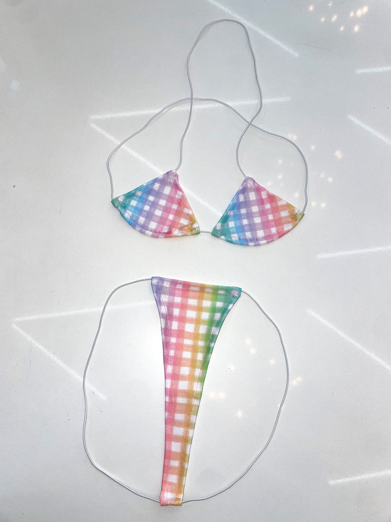 Rainbow gingham string microkini - Bikinis, Monokinis, skirt sets, and apparel inspired by strippers - Bubblegum The Brand