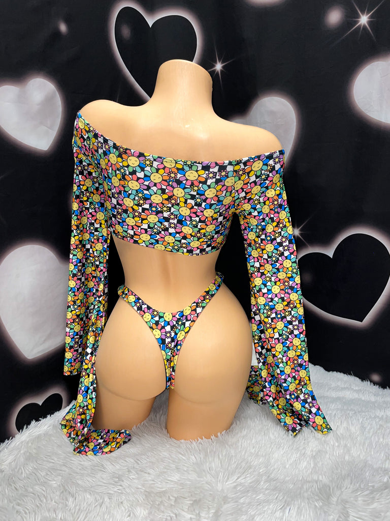 trippy flowers bellsleeves bikini set - Bikinis, Monokinis, skirt sets, and apparel inspired by strippers - Bubblegum The Brand