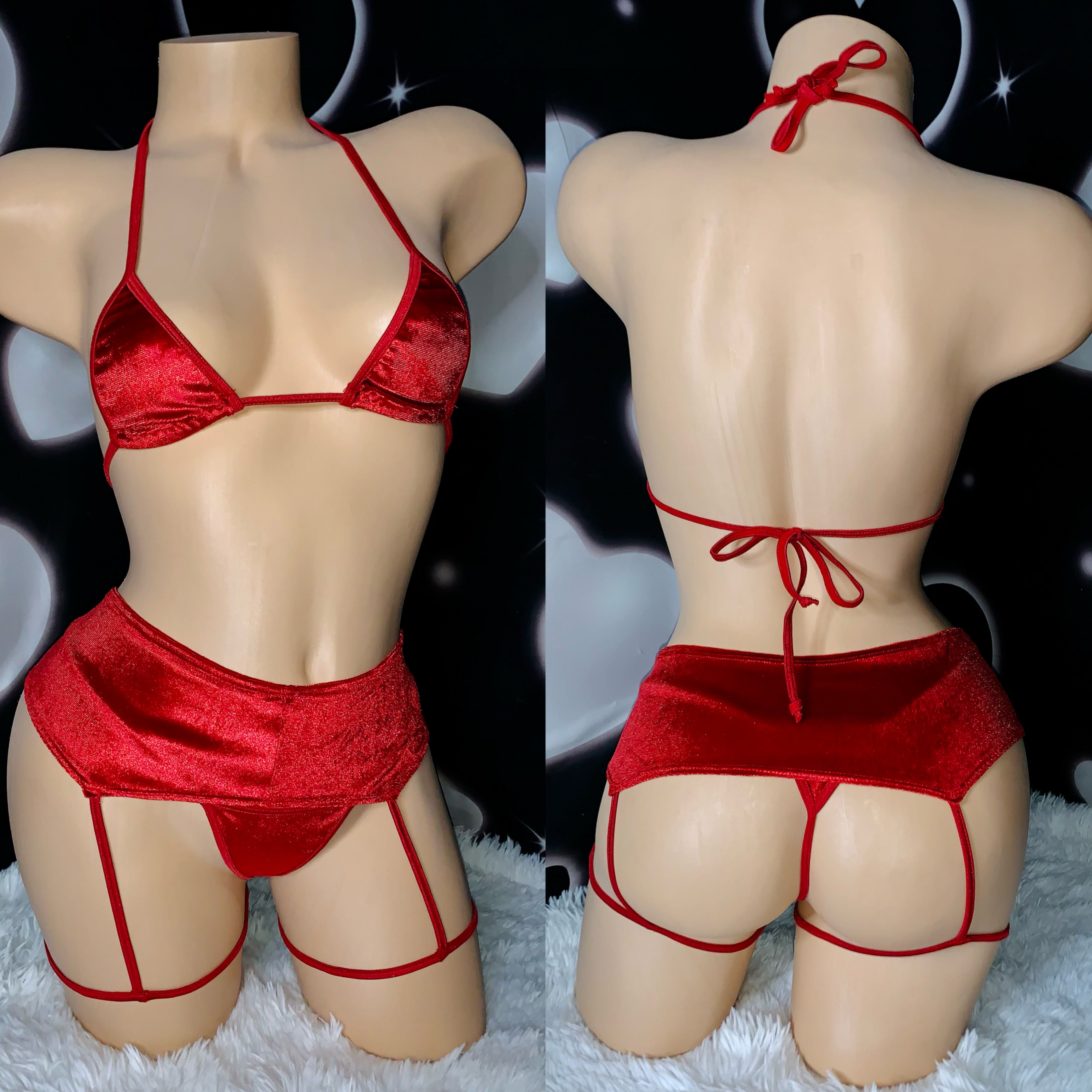 Red velvet garterbelt bikini set - Bikinis, Monokinis, skirt sets, and apparel inspired by strippers - Bubblegum The Brand