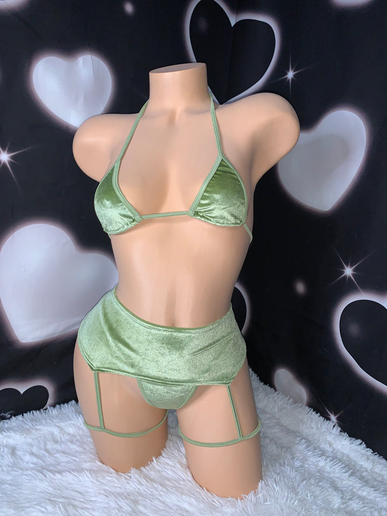 Green velvet garterbelt bikini set - Bikinis, Monokinis, skirt sets, and apparel inspired by strippers - Bubblegum The Brand