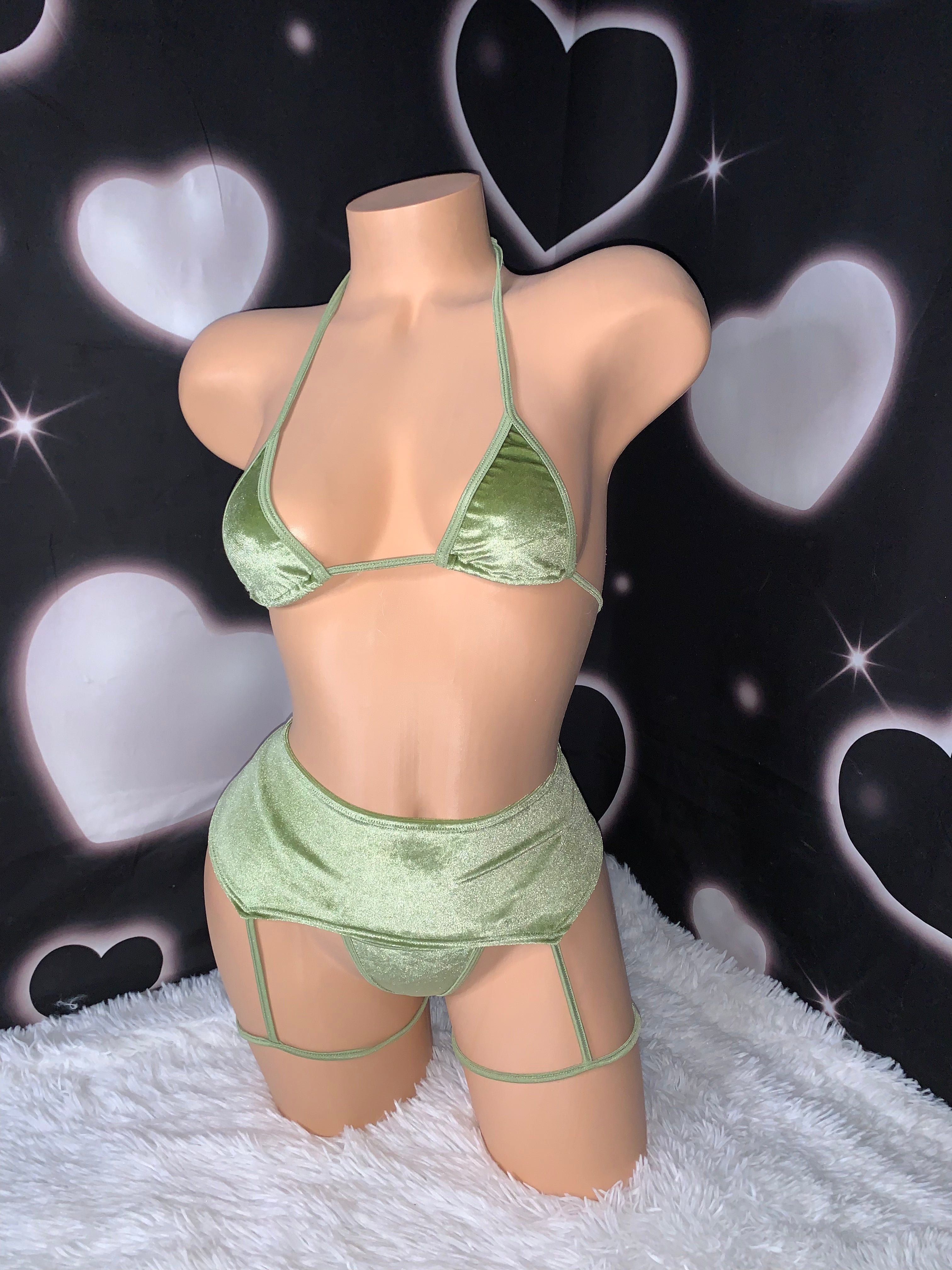 Green velvet garterbelt bikini set - Bikinis, Monokinis, skirt sets, and apparel inspired by strippers - Bubblegum The Brand