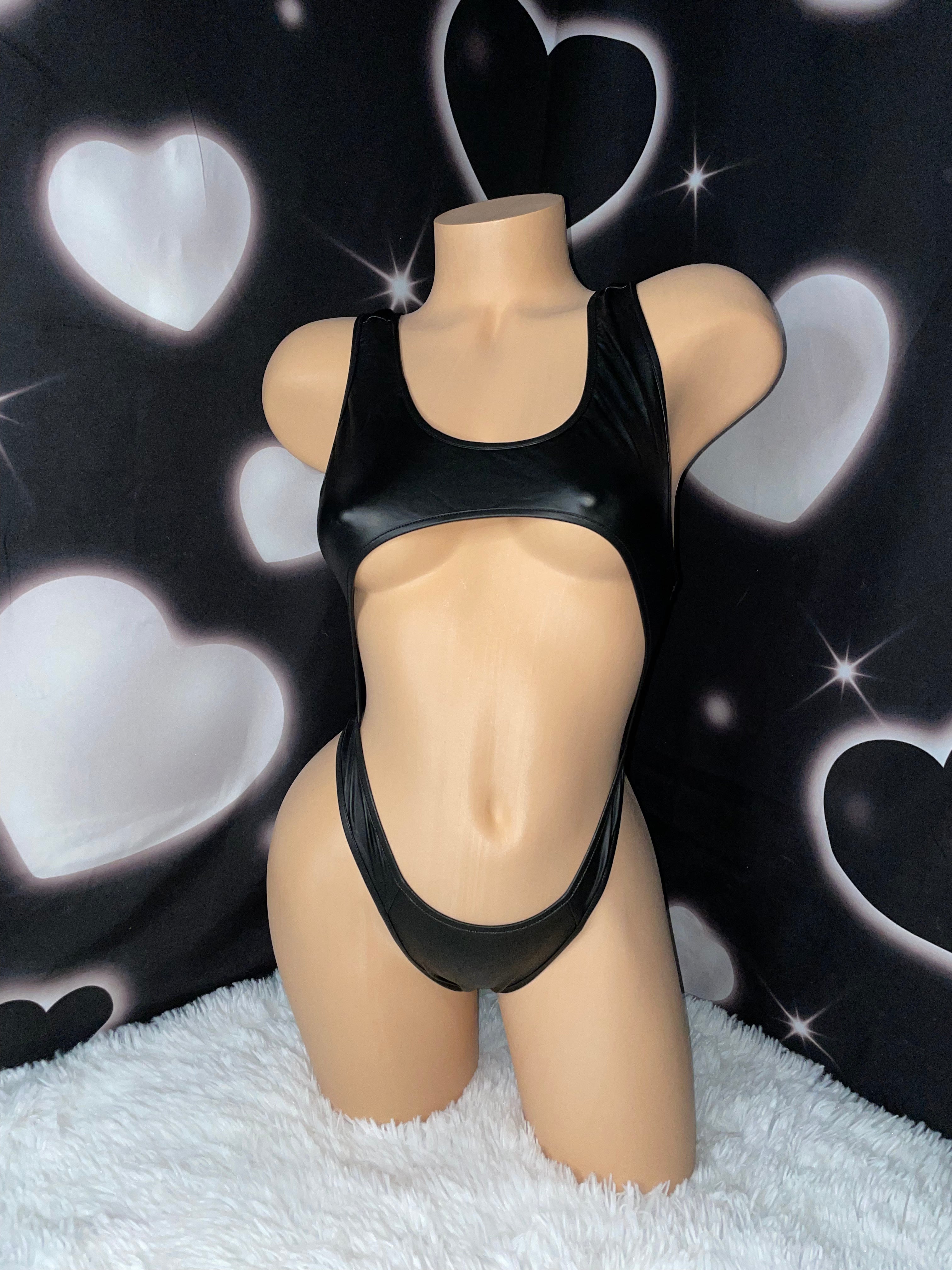 Latex look peekaboo one piece black - Bikinis, Monokinis, skirt sets, and apparel inspired by strippers - Bubblegum The Brand