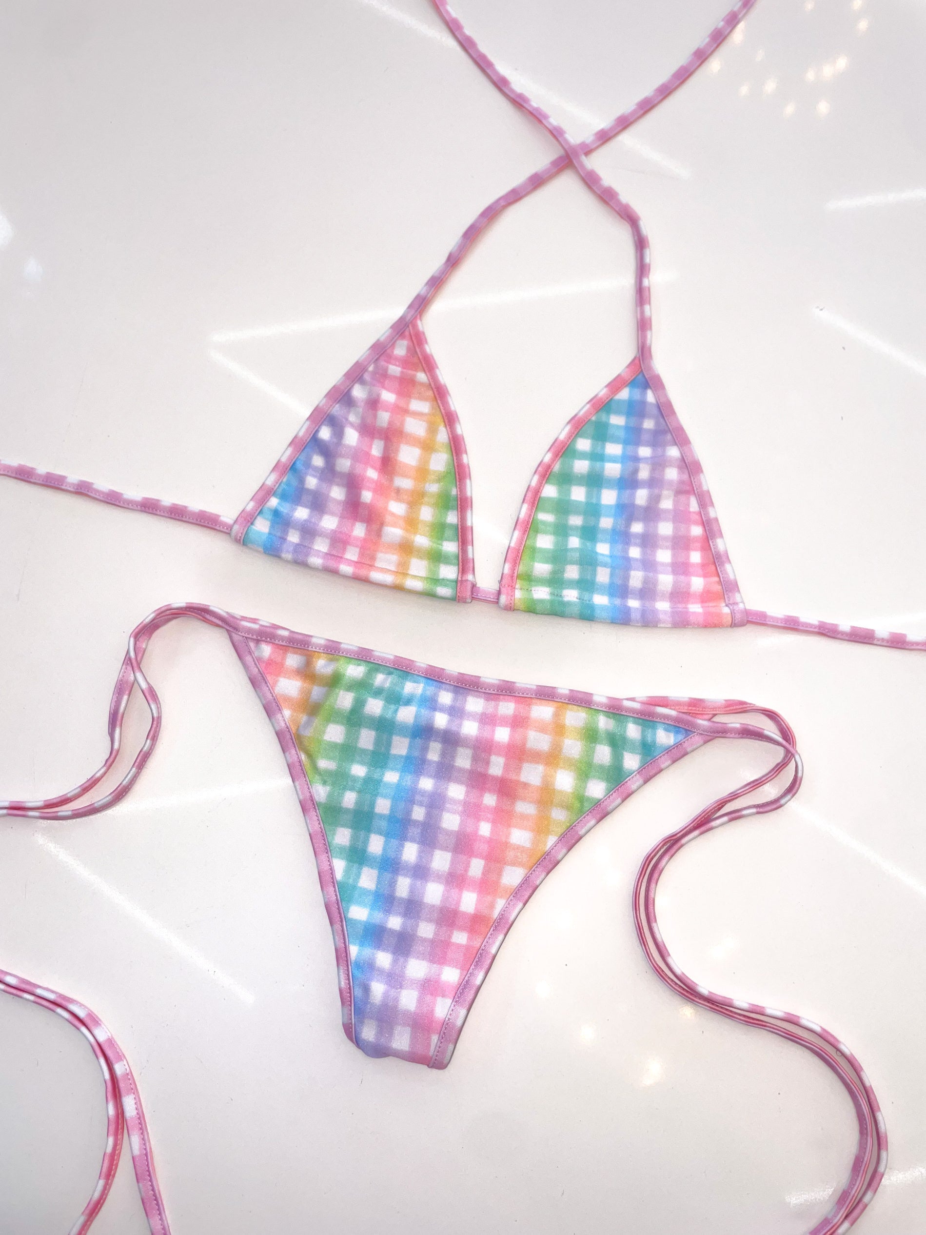 Pastel rainbow gingham bikini - Bikinis, Monokinis, skirt sets, and apparel inspired by strippers - Bubblegum The Brand