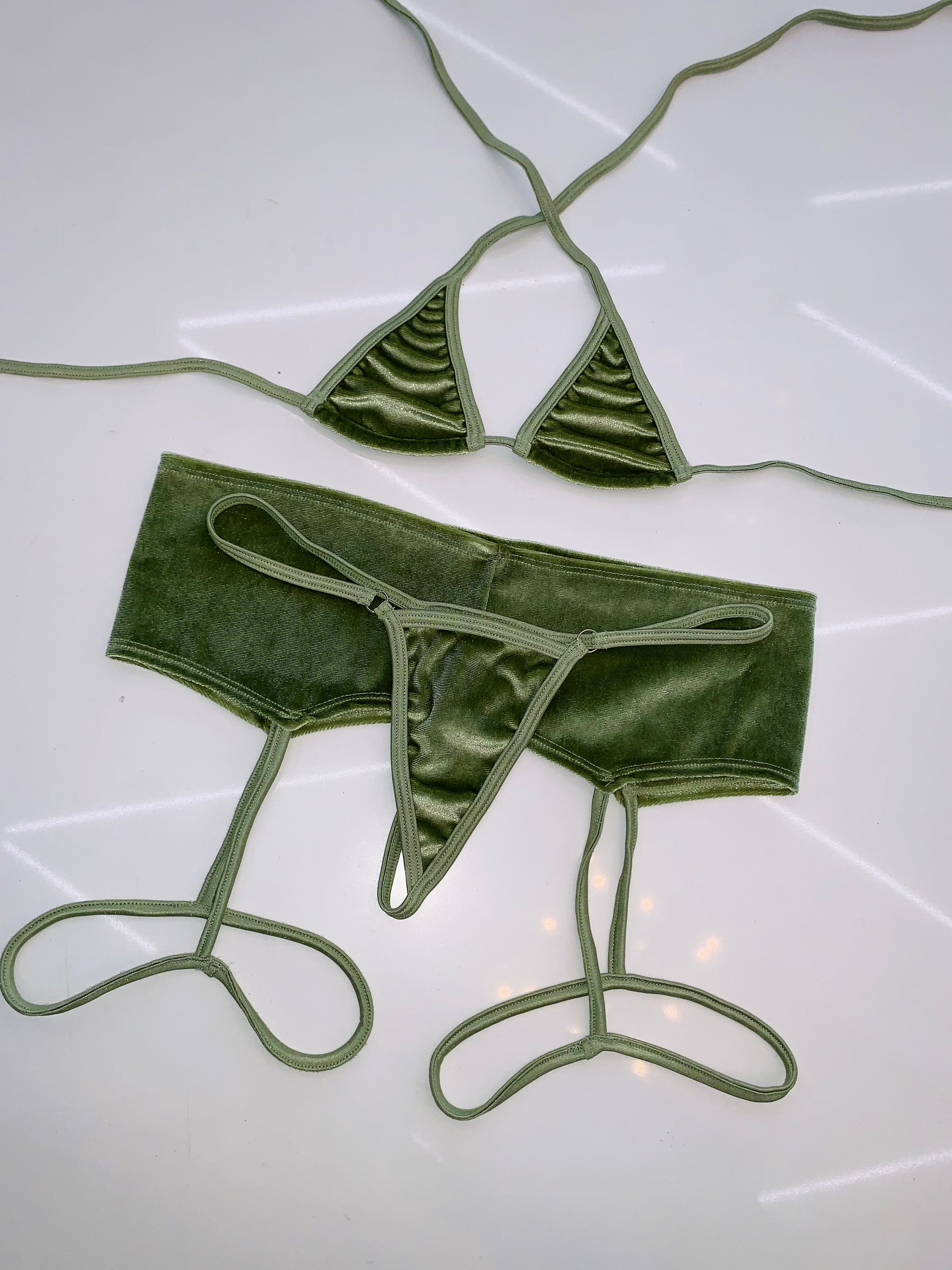 Green velvet garterbelt bikini set - Bikinis, Monokinis, skirt sets, and apparel inspired by strippers - Bubblegum The Brand