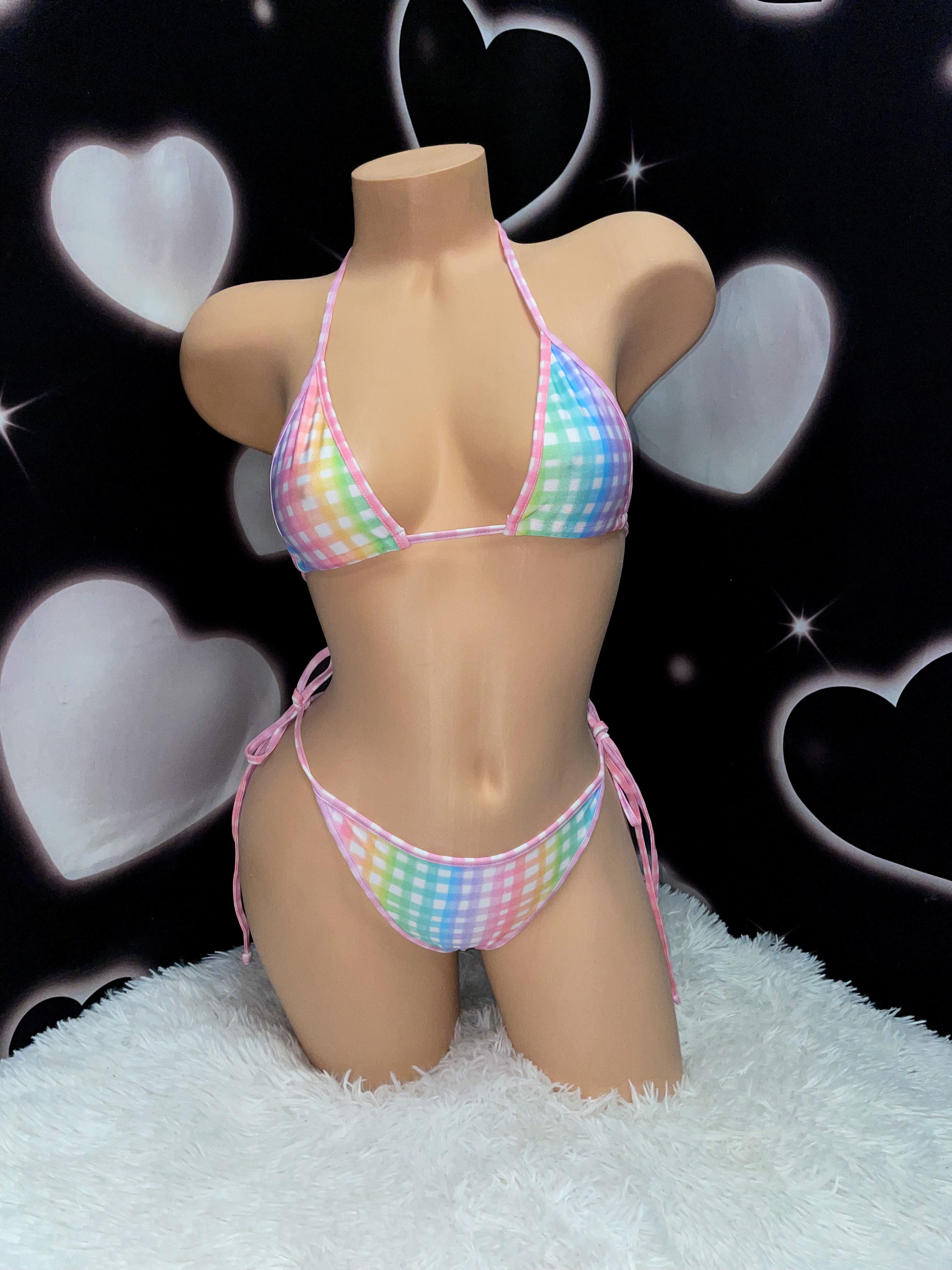 Pastel rainbow gingham bikini - Bikinis, Monokinis, skirt sets, and apparel inspired by strippers - Bubblegum The Brand