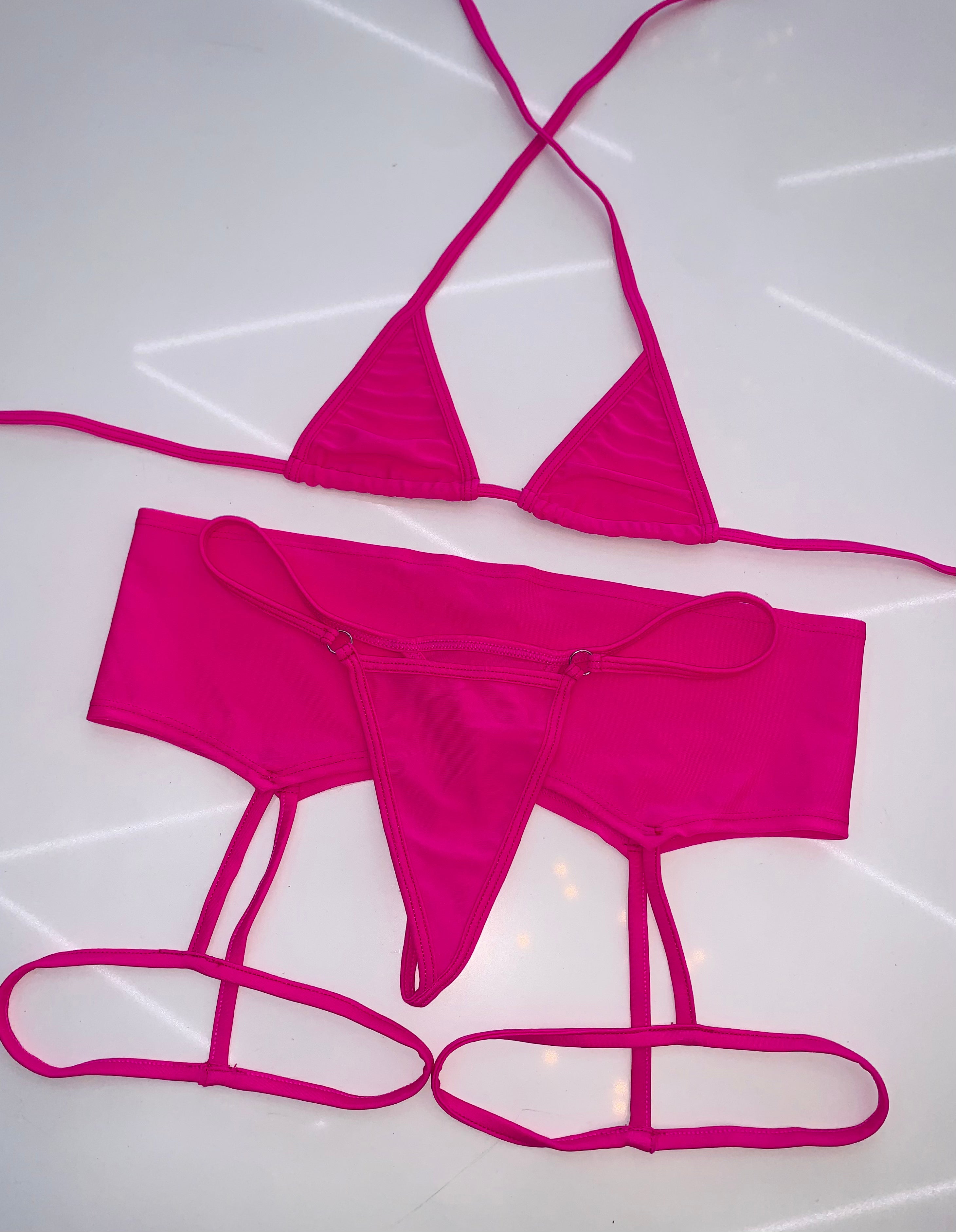 Pink garterbelt bikini set - Bikinis, Monokinis, skirt sets, and apparel inspired by strippers - Bubblegum The Brand