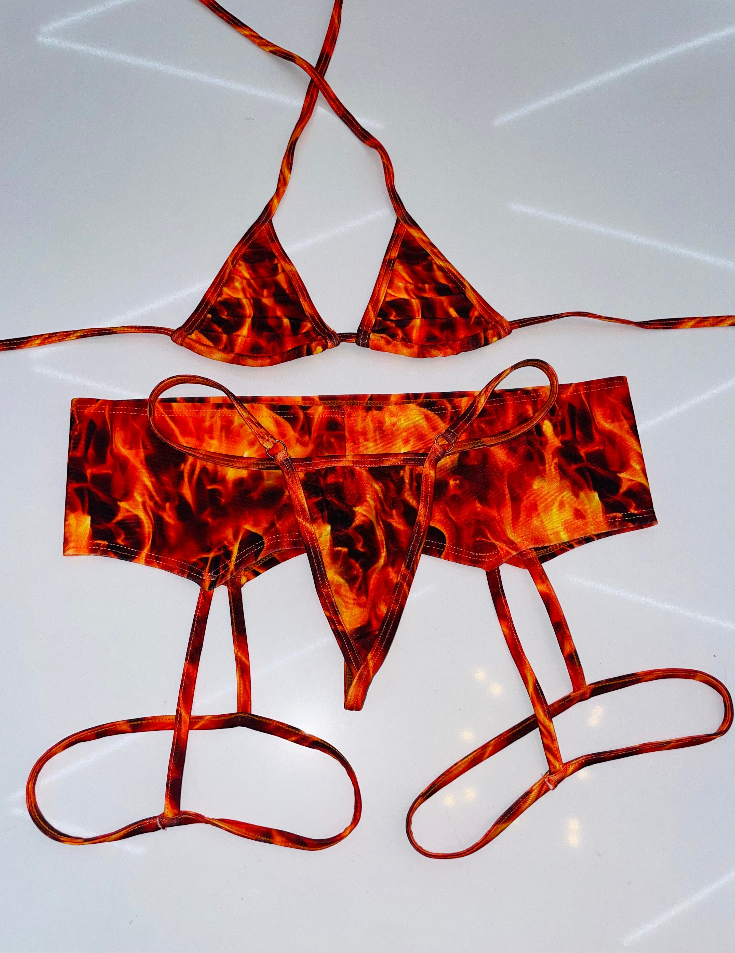 Flames garterbelt microkini set - Bikinis, Monokinis, skirt sets, and apparel inspired by strippers - Bubblegum The Brand