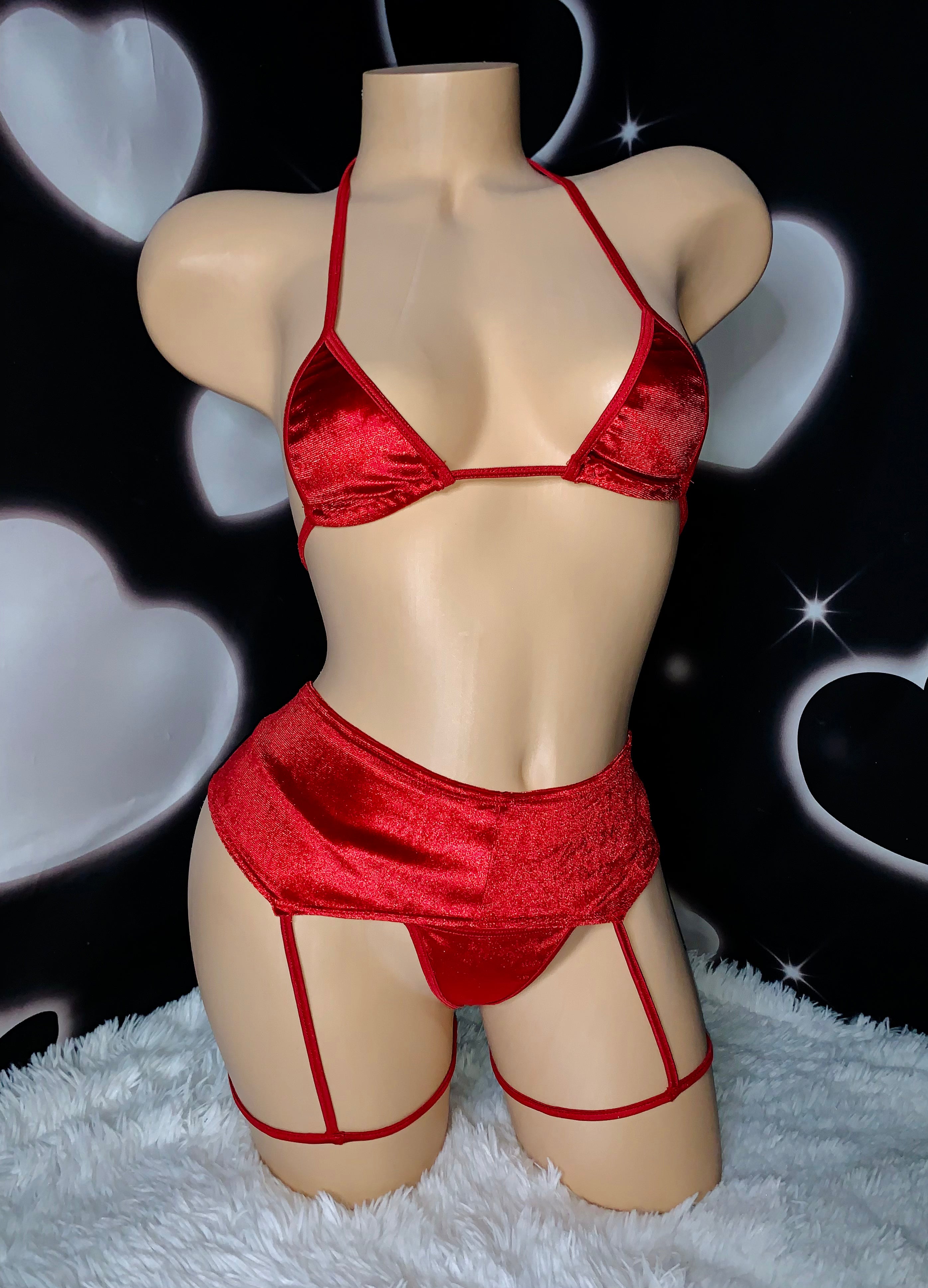 Red velvet garterbelt bikini set - Bikinis, Monokinis, skirt sets, and apparel inspired by strippers - Bubblegum The Brand