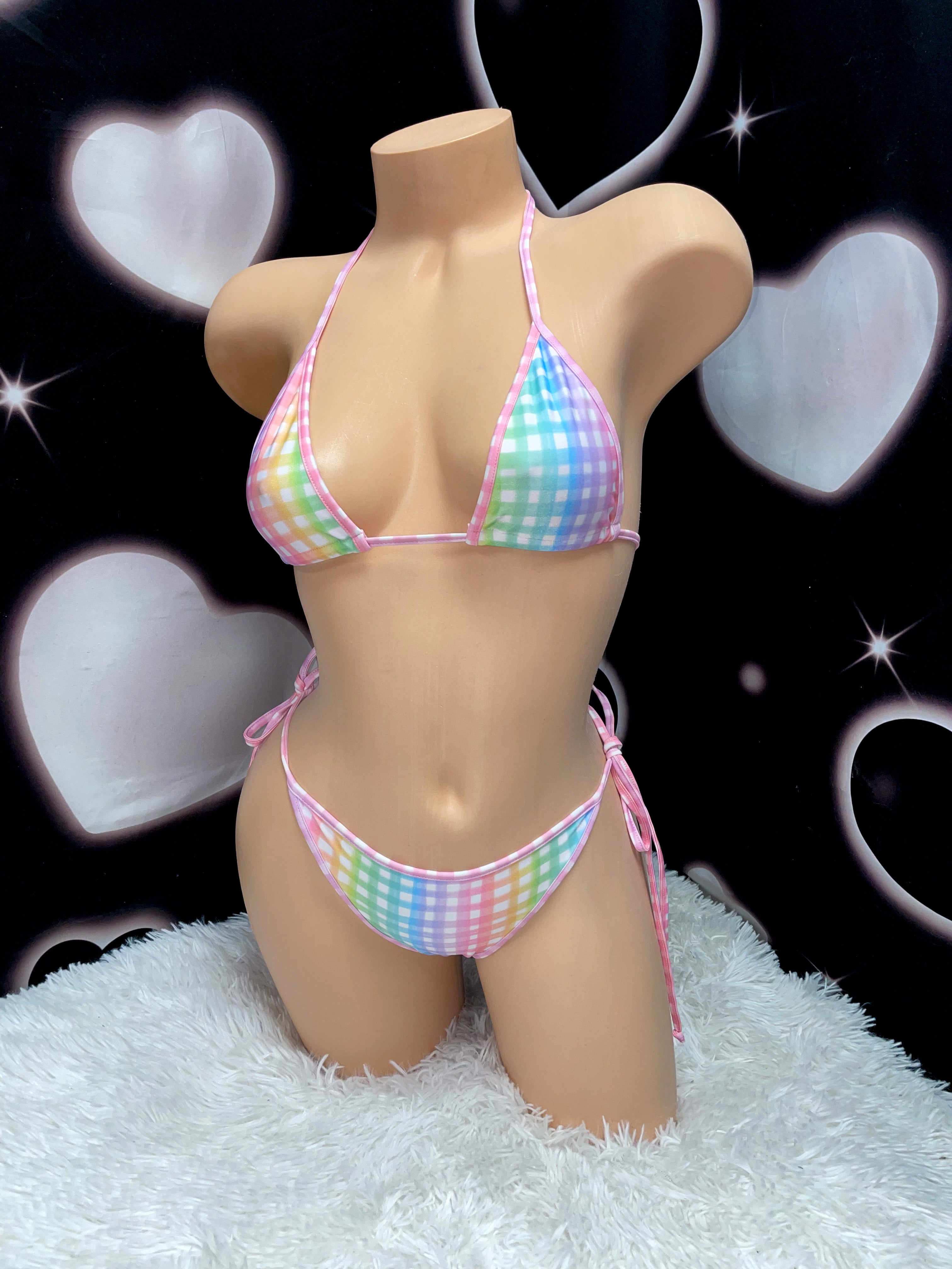 Pastel rainbow gingham bikini - Bikinis, Monokinis, skirt sets, and apparel inspired by strippers - Bubblegum The Brand