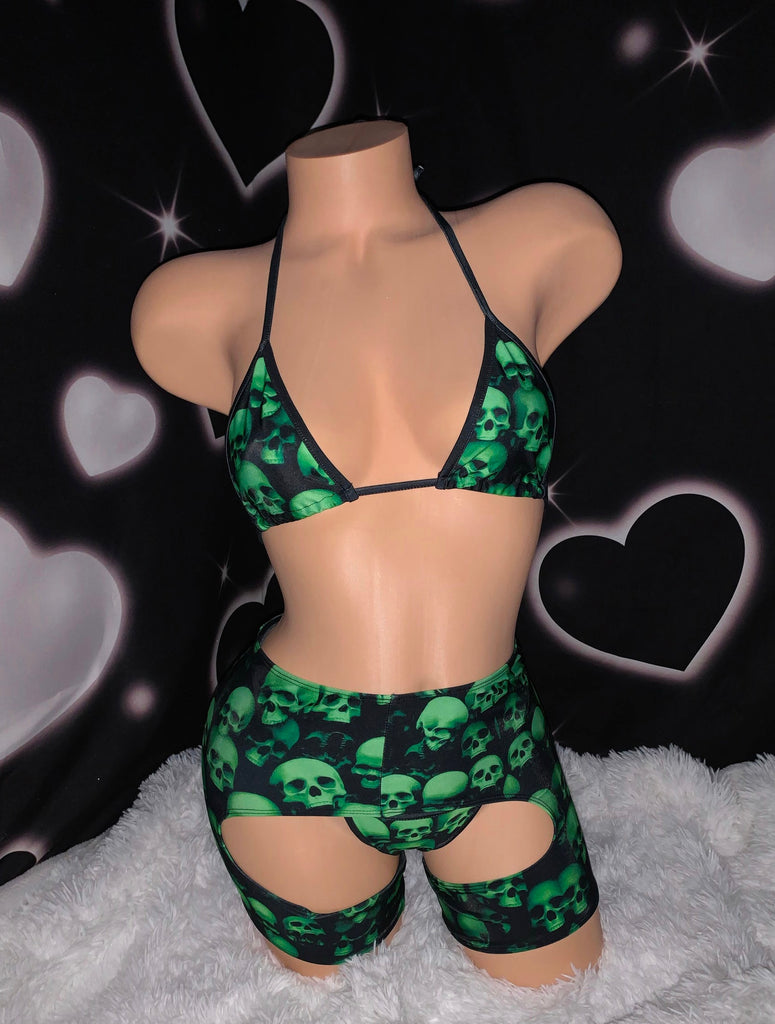 Slime Skulls 3pc chaps set - Bikinis, Monokinis, skirt sets, and apparel inspired by strippers - Bubblegum The Brand