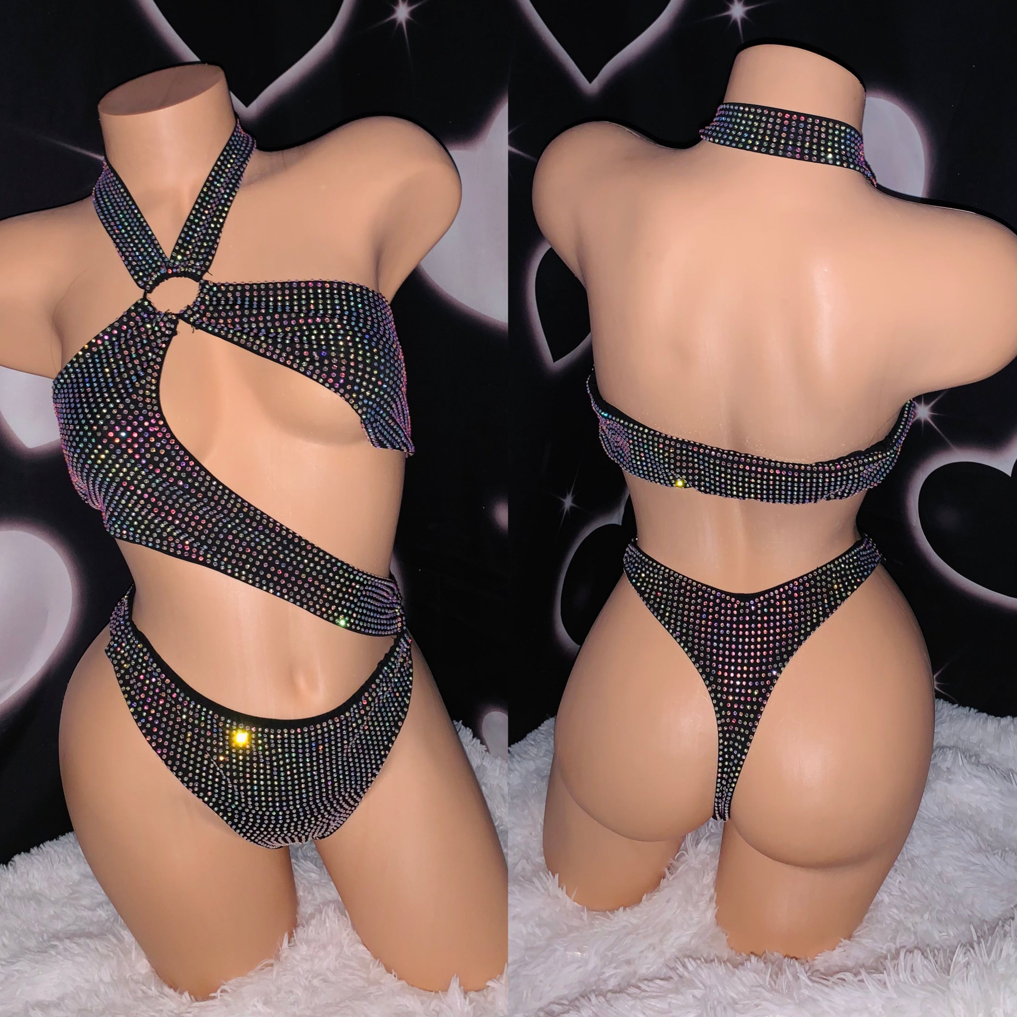 Iced Out Rhinestone Island Girl Black One-Piece - Stunning black one-piece bikini with rhinestone detailing, perfect for bold and glamorous looks by Bubblegum The Brand