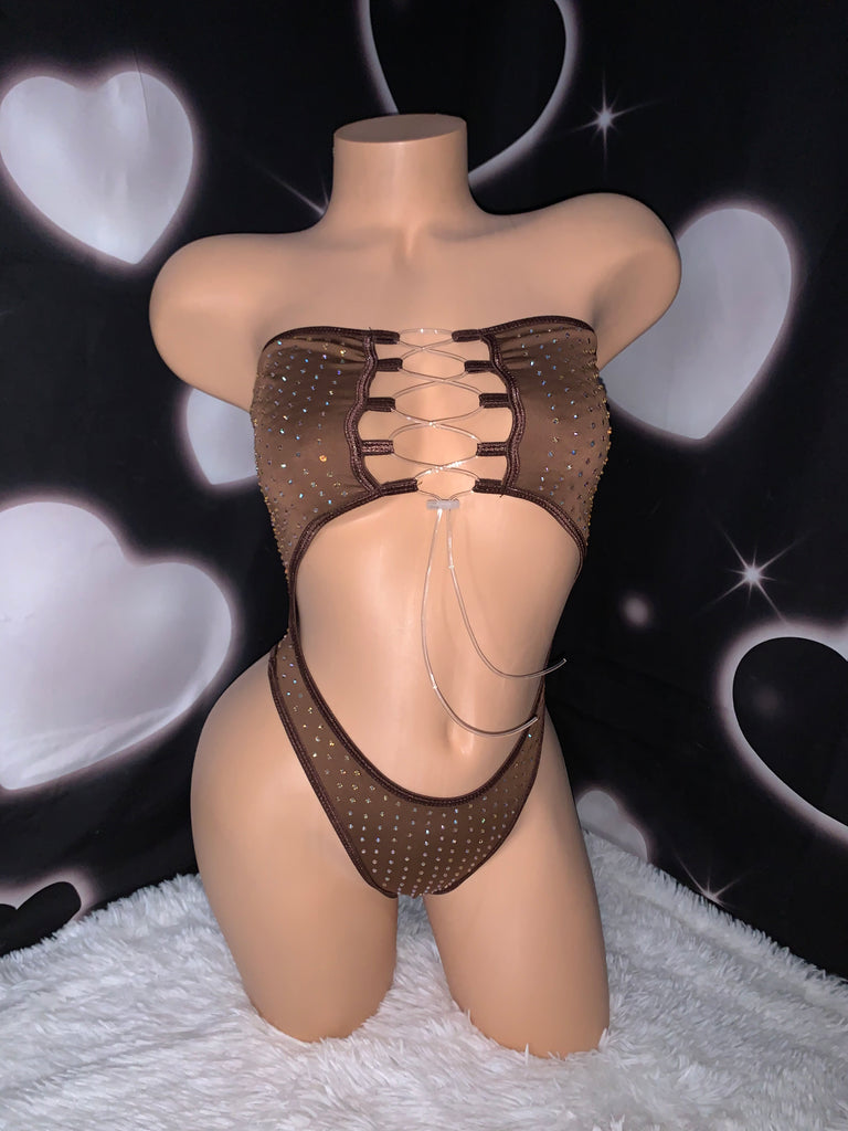 Iced out rhinestone midnight illusion toffee one piece - Bikinis, Monokinis, skirt sets, and apparel inspired by strippers - Bubblegum The Brand
